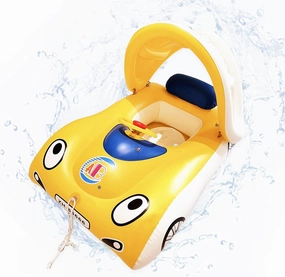 Baby Float Yellow Car with Canopy Inflatable Pool with Horn Floatie Toys with Leash Swimming Ring Beach Party Raft Water Battle Games for Infant Toddle Kids