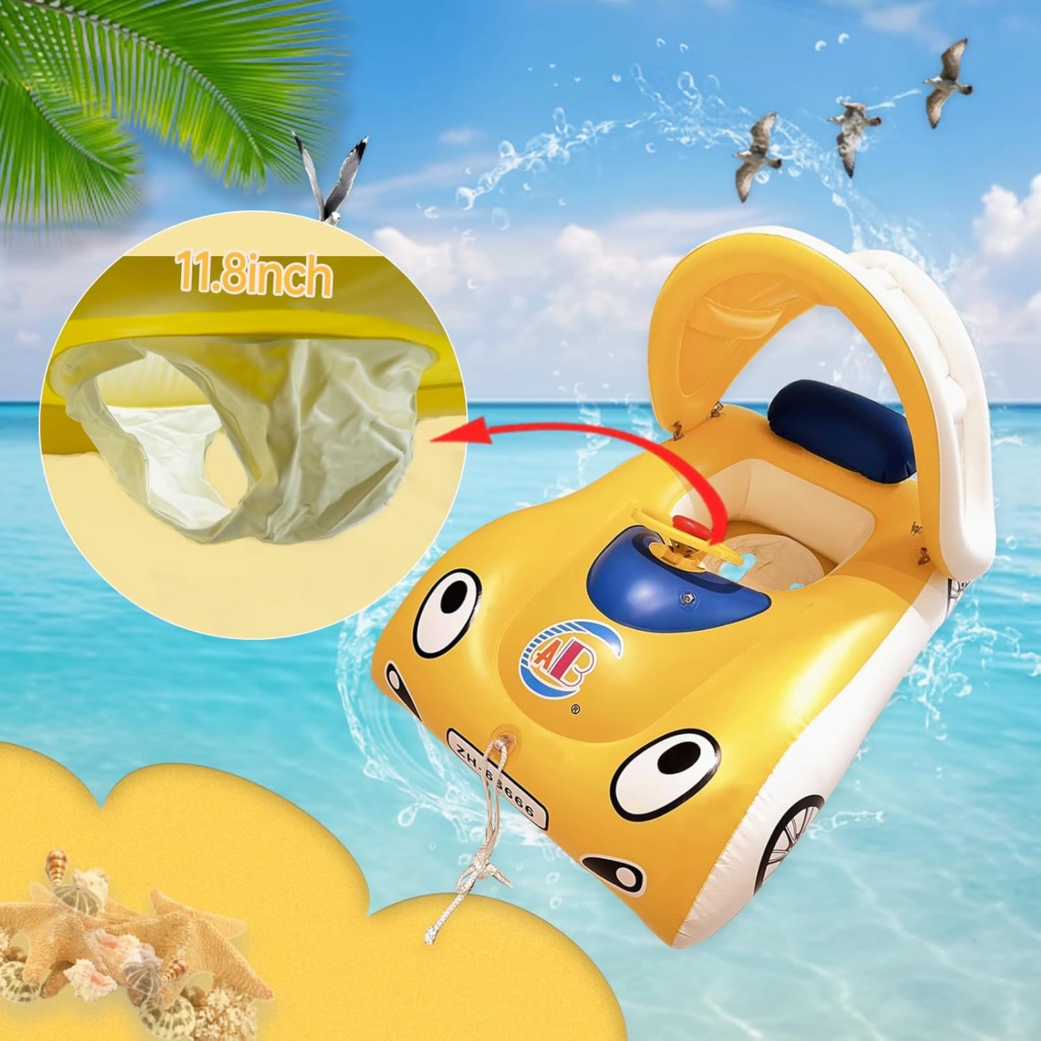 Baby Float Yellow Car with Canopy Inflatable Pool with Horn Floatie Toys with Leash Swimming Ring Beach Party Raft Water Battle Games for Infant Toddle Kids