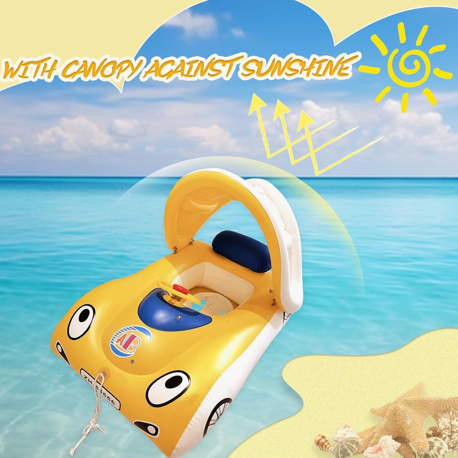 Baby Float Yellow Car with Canopy Inflatable Pool with Horn Floatie Toys with Leash Swimming Ring Beach Party Raft Water Battle Games for Infant Toddle Kids