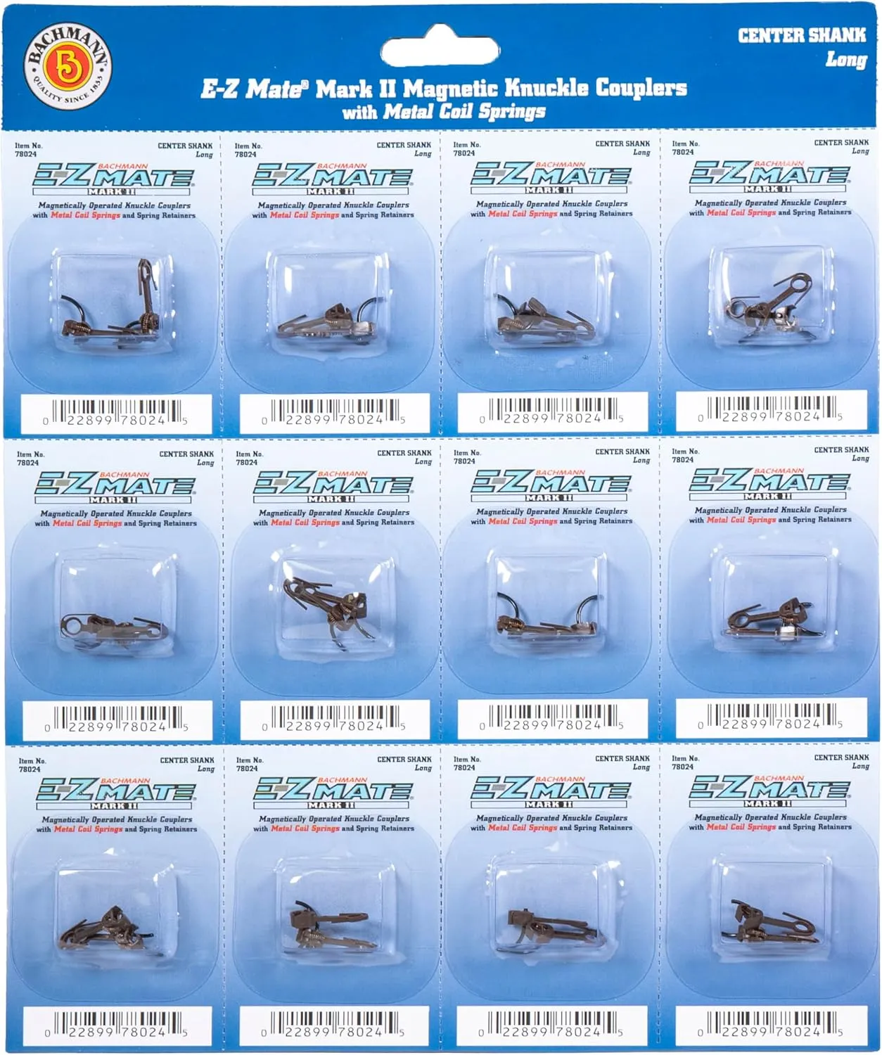 Bachmann Trains E-Z Mate Magnetic Knuckle Couplers - Center Shank - Long (Card of 12)