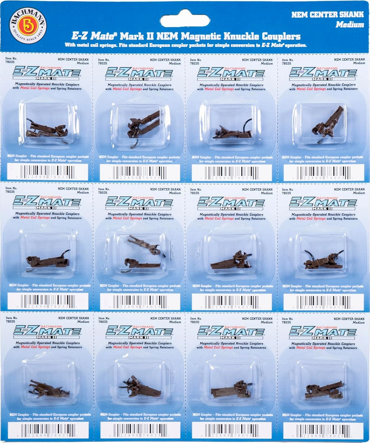 Bachmann Trains - E-Z MATE MARK II COUPLERS - MAGNETIC KNUCKLE COUPLERS with METAL COIL SPRING - NEM COUPLER CENTER SHANK - MEDIUM (12 pair/card) - HO Scale