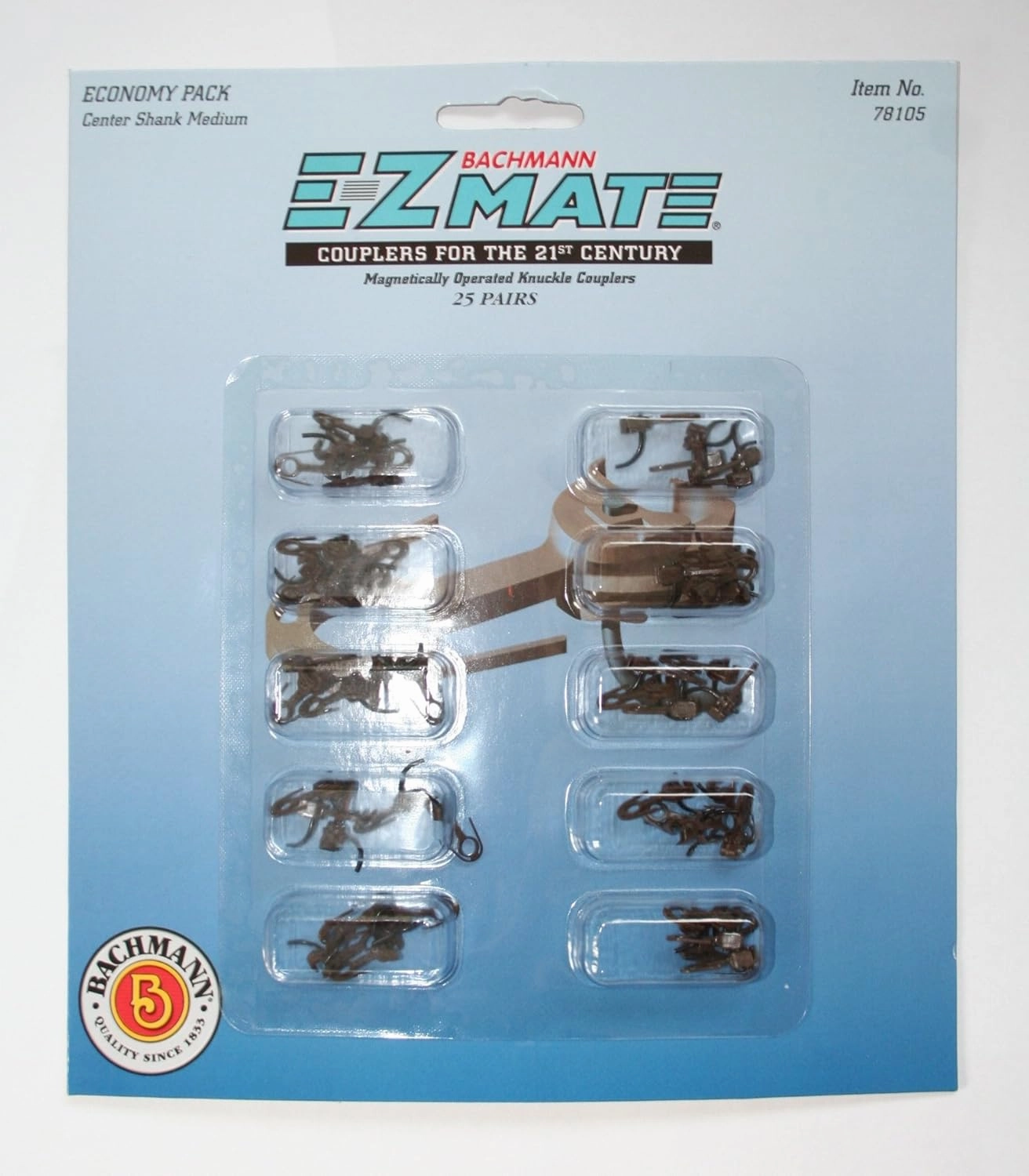 Bachmann Trains E - Z Mate Mark II Magnetic Knuckle Couplers with Metal Coil Spring - Economy Pack - Center Shank - Medium (25 Coupler pairs per card) - HO Scale