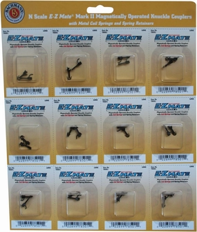 Bachmann Trains E - Z Mate Mark II Magnetic Knuckle Couplers with Metal Coil Spring - Short (12 Coupler pairs per card) - N Scale