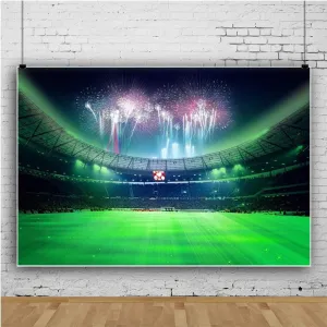 Baocicco 9x5ft Firworks Empty Football Playground Stadium Backdrop Photography Background Stadium Spotlight Football Green Grassland Sport Field Shiny Lights Theme Polyester Photo Studio Props