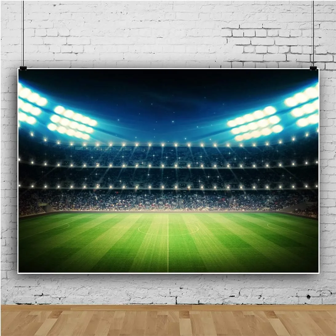 Baocicco 9x6ft Empty Football Playground Stadium Backdrop Photography Background Stadium Spotlight Football Green Grassland Sport Field Shiny Lights Theme Vinyl Photo Studio Props