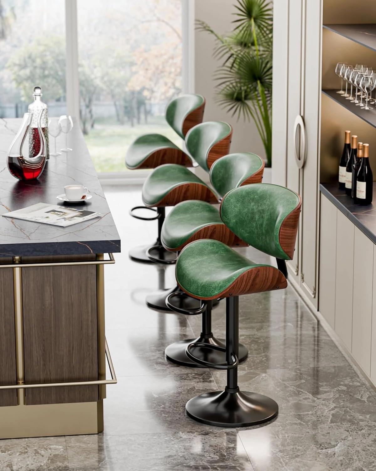Bar Stools Set of 2, Adjustable Swivel Leather Bar Stools for Kitchen Island, Mid Century Modern Counter Height Bar Chairs Barstools with Back & Footrest (Green)