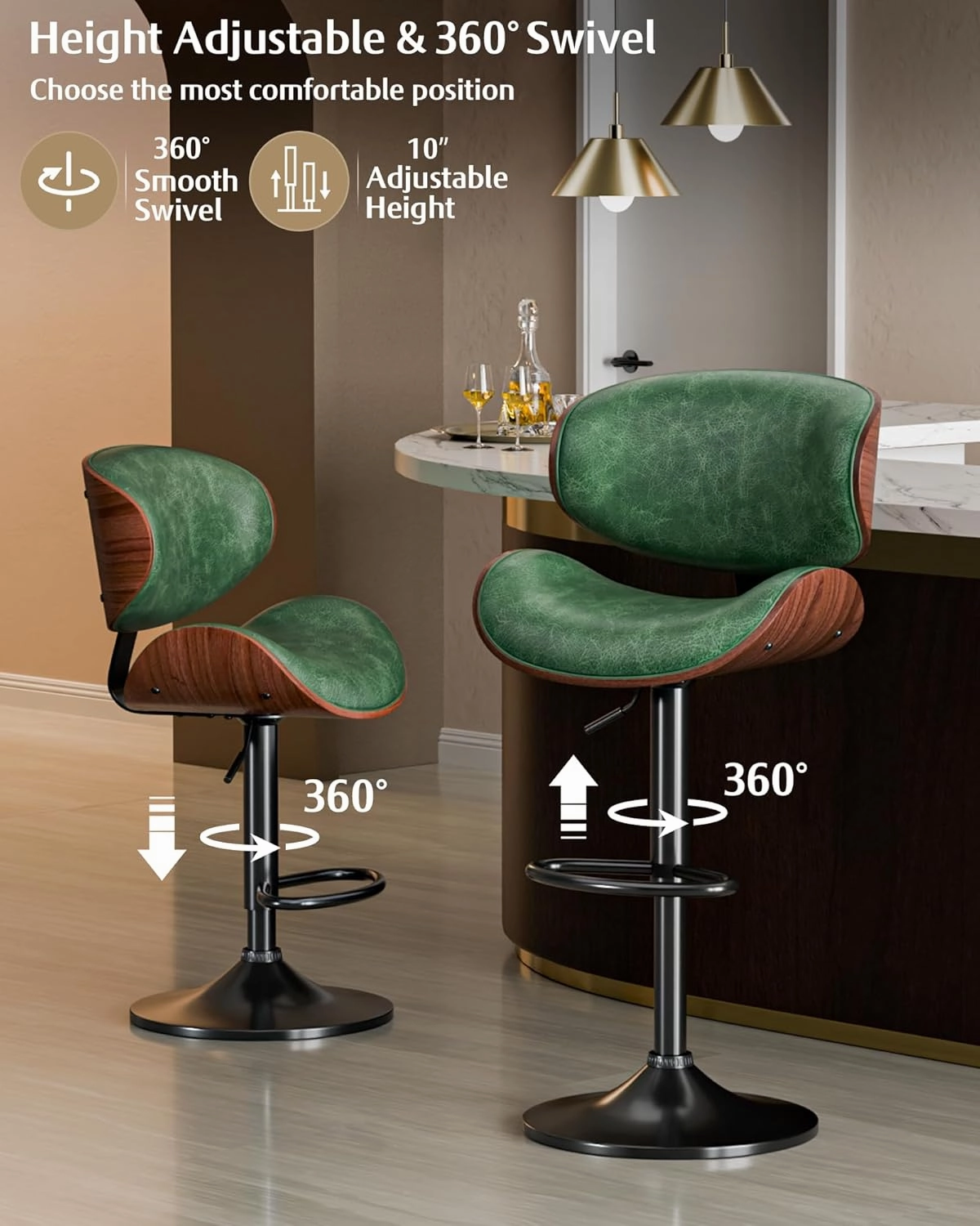 Bar Stools Set of 2, Adjustable Swivel Leather Bar Stools for Kitchen Island, Mid Century Modern Counter Height Bar Chairs Barstools with Back & Footrest (Green)