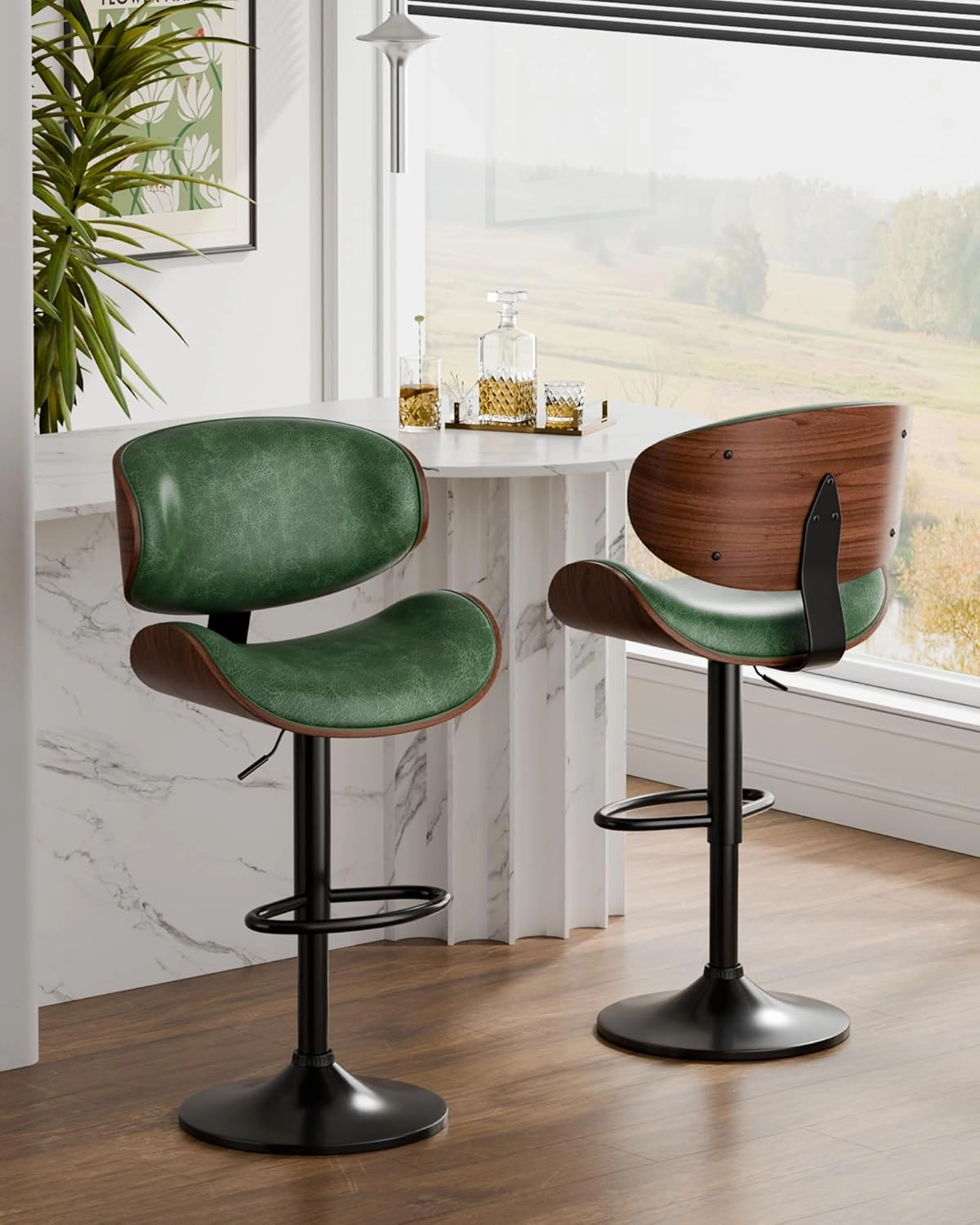 Bar Stools Set of 2, Adjustable Swivel Leather Bar Stools for Kitchen Island, Mid Century Modern Counter Height Bar Chairs Barstools with Back & Footrest (Green)