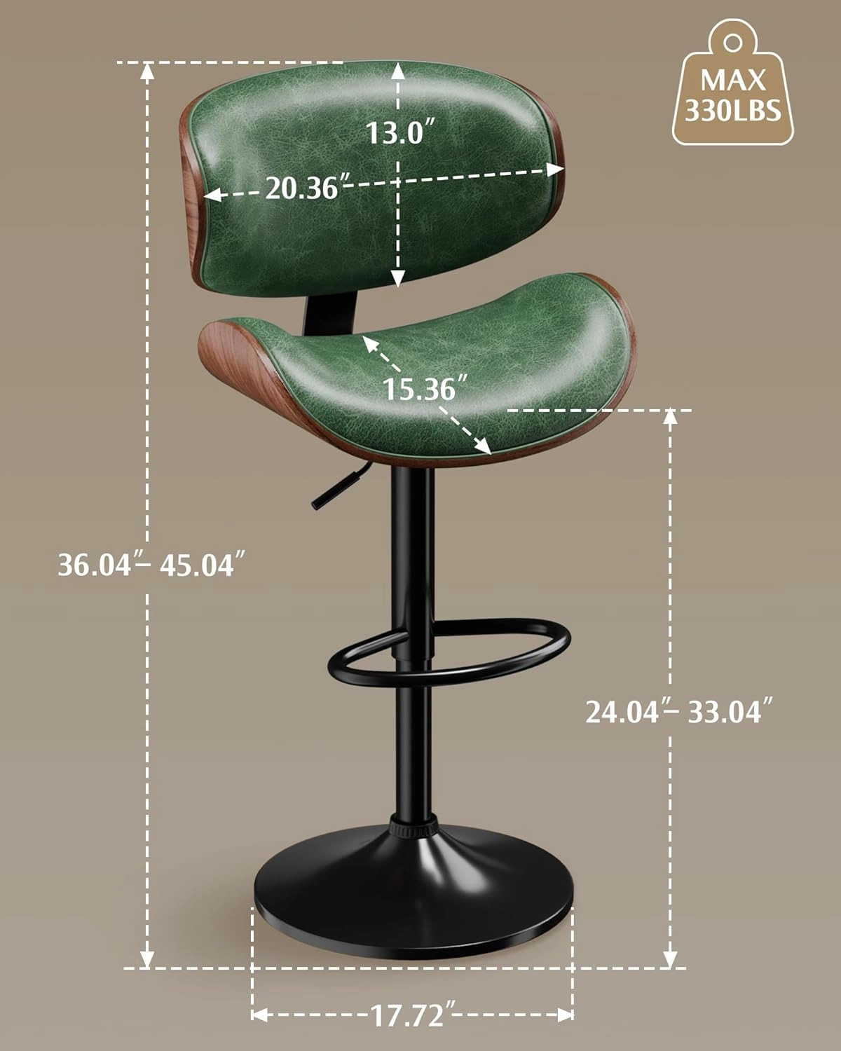 Bar Stools Set of 2, Adjustable Swivel Leather Bar Stools for Kitchen Island, Mid Century Modern Counter Height Bar Chairs Barstools with Back & Footrest (Green)