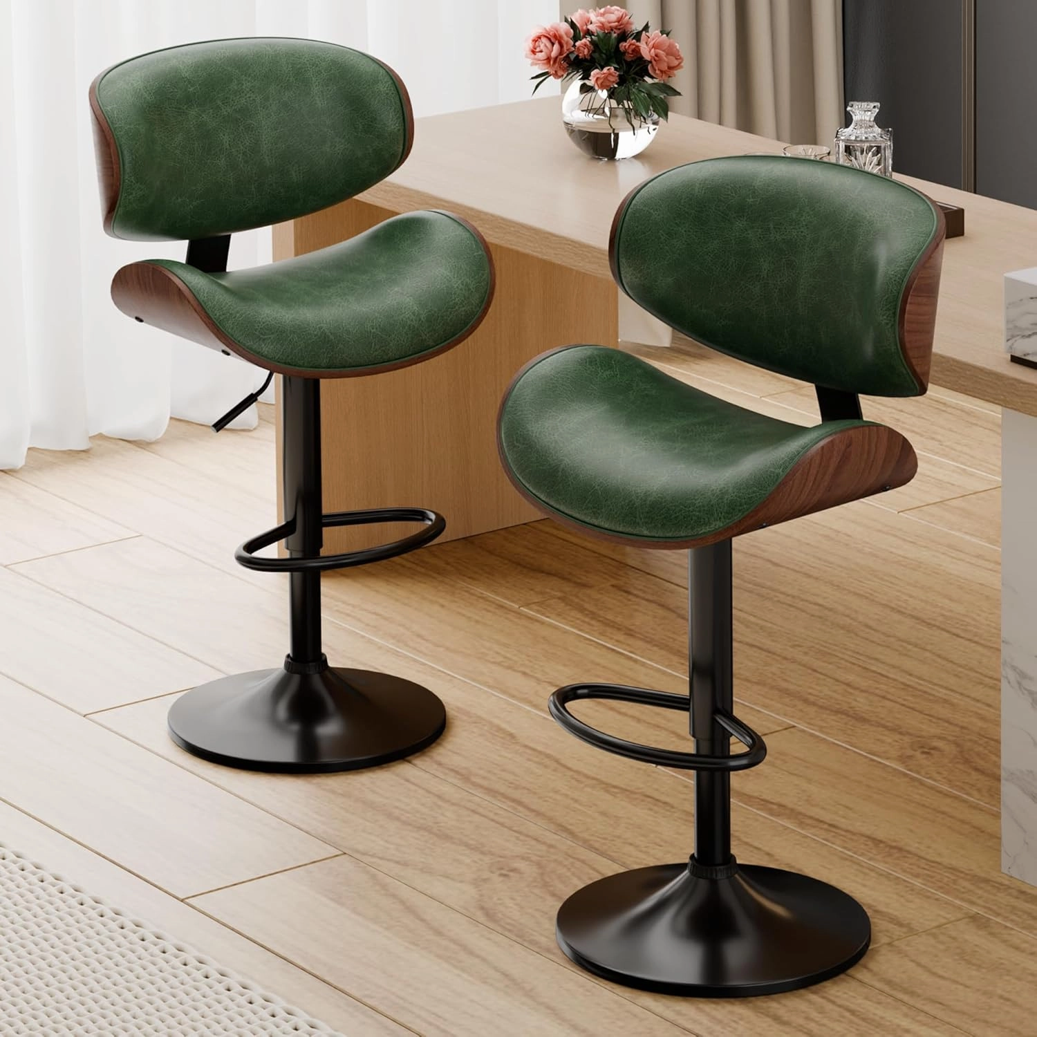 Bar Stools Set of 2, Adjustable Swivel Leather Bar Stools for Kitchen Island, Mid Century Modern Counter Height Bar Chairs Barstools with Back & Footrest (Green)