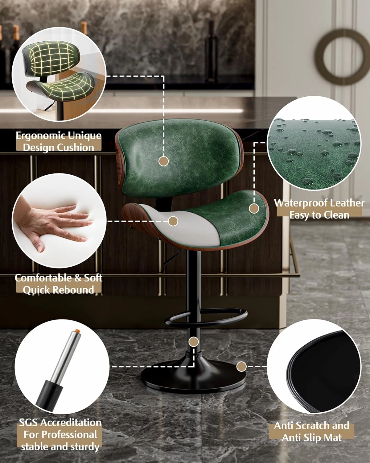 Bar Stools Set of 2, Adjustable Swivel Leather Bar Stools for Kitchen Island, Mid Century Modern Counter Height Bar Chairs Barstools with Back & Footrest (Green)