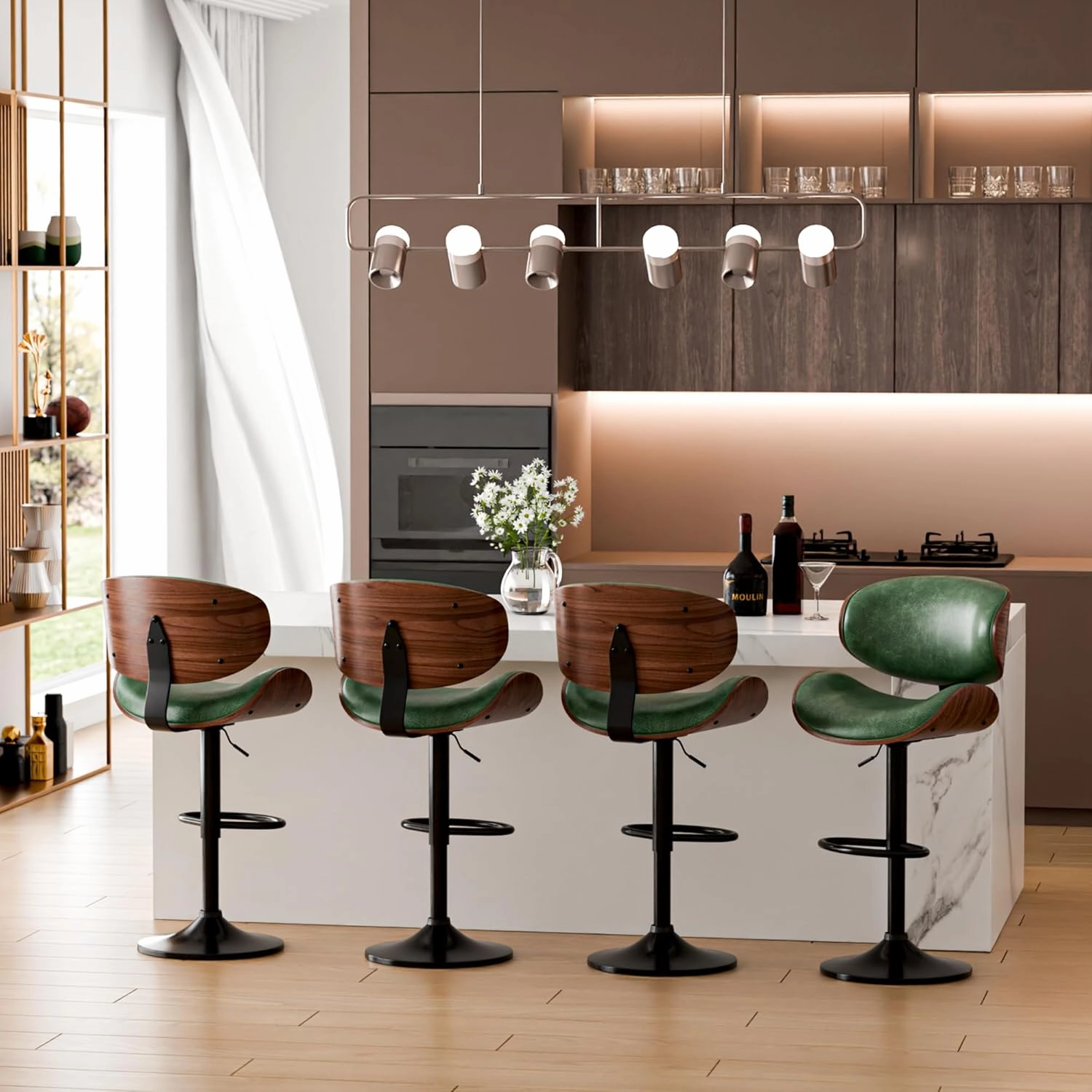 Bar Stools Set of 2, Adjustable Swivel Leather Bar Stools for Kitchen Island, Mid Century Modern Counter Height Bar Chairs Barstools with Back & Footrest (Green)