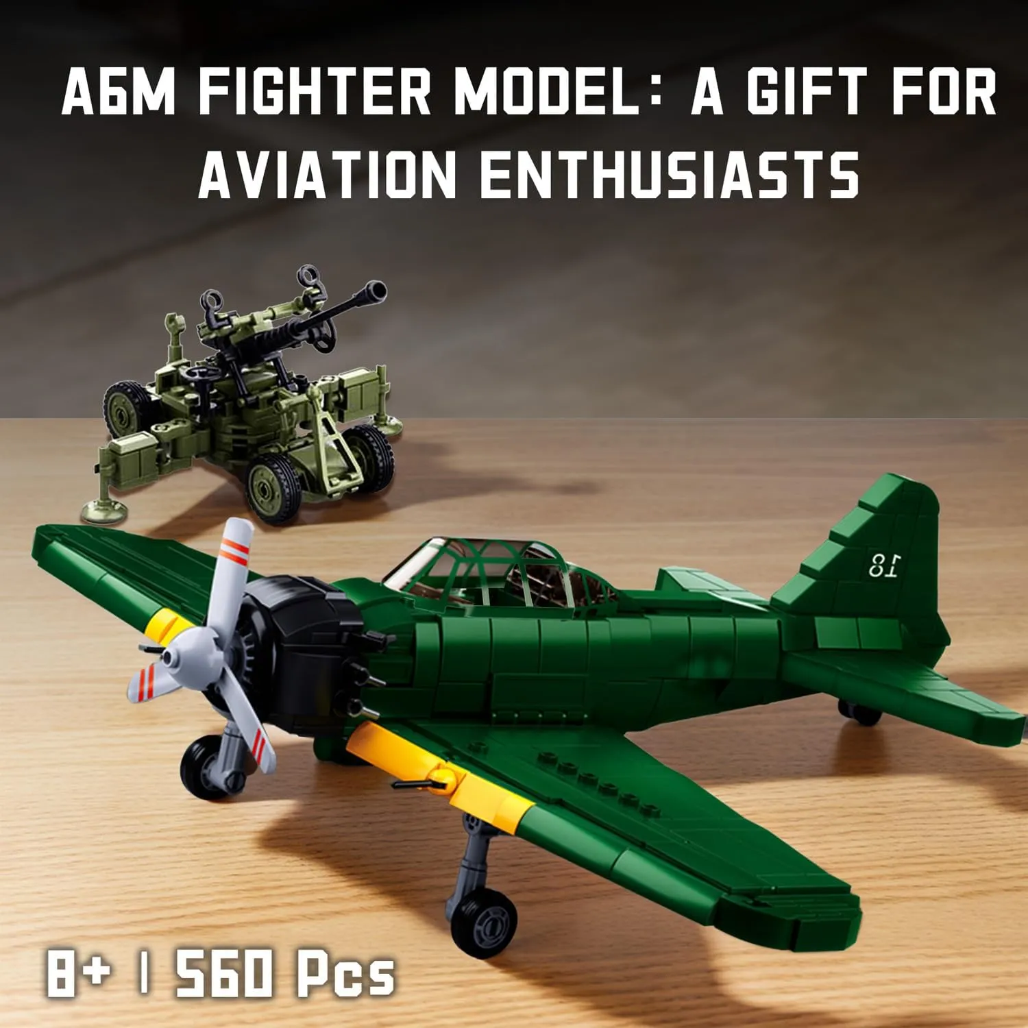 Battle Brick WW2 A6M Fighter Aircraft - 560 PCS Building Block Army Toys with 2 Toy Soldiers and Anti-Aircraft Gun - Ideal for Kids and Adults