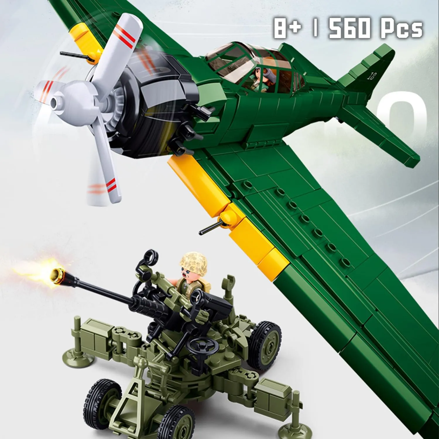 Battle Brick WW2 A6M Fighter Aircraft - 560 PCS Building Block Army Toys with 2 Toy Soldiers and Anti-Aircraft Gun - Ideal for Kids and Adults