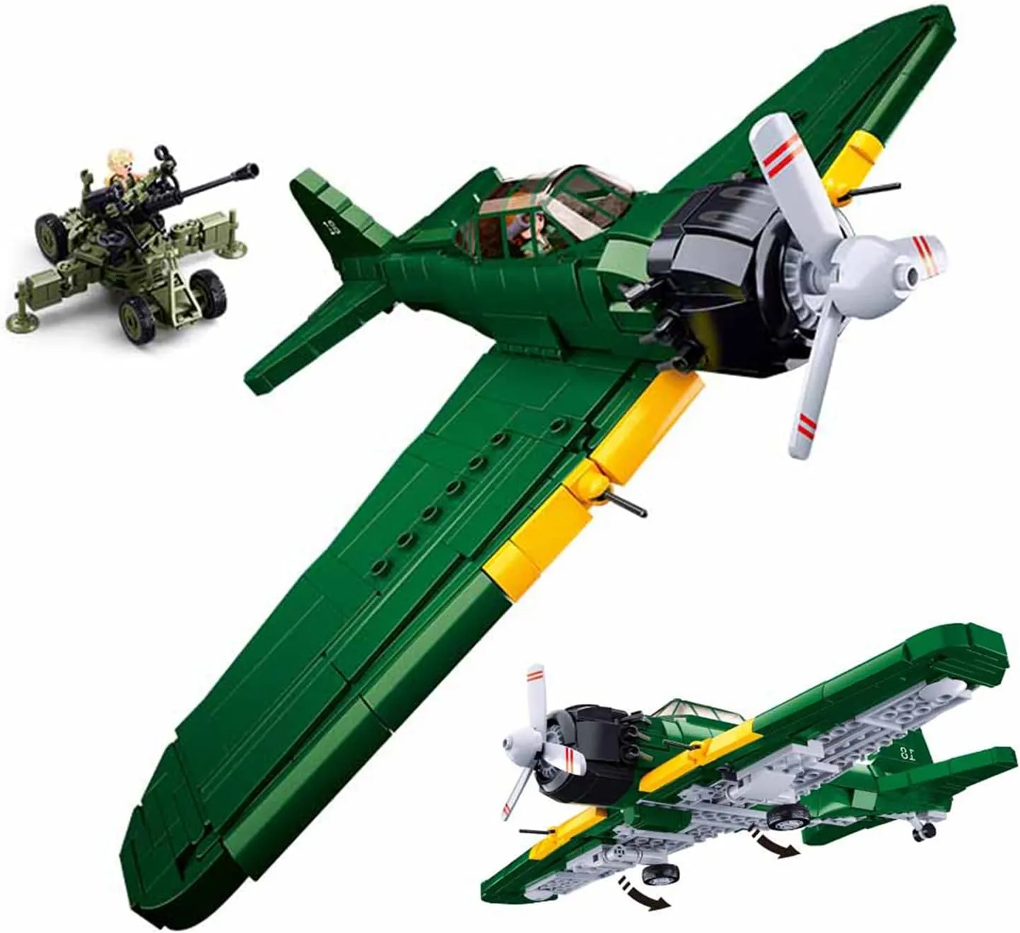 Battle Brick WW2 A6M Fighter Aircraft - 560 PCS Building Block Army Toys with 2 Toy Soldiers and Anti-Aircraft Gun - Ideal for Kids and Adults