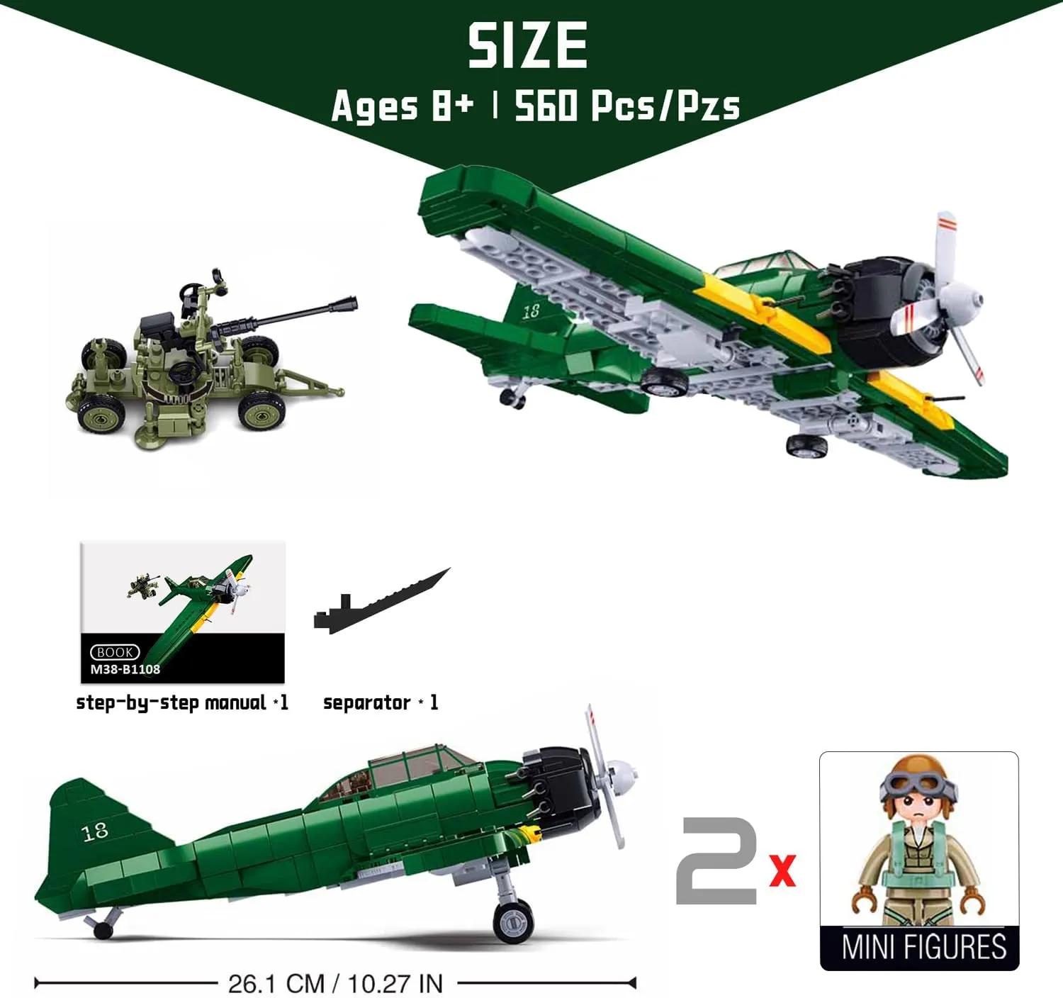 Battle Brick WW2 A6M Fighter Aircraft - 560 PCS Building Block Army Toys with 2 Toy Soldiers and Anti-Aircraft Gun - Ideal for Kids and Adults