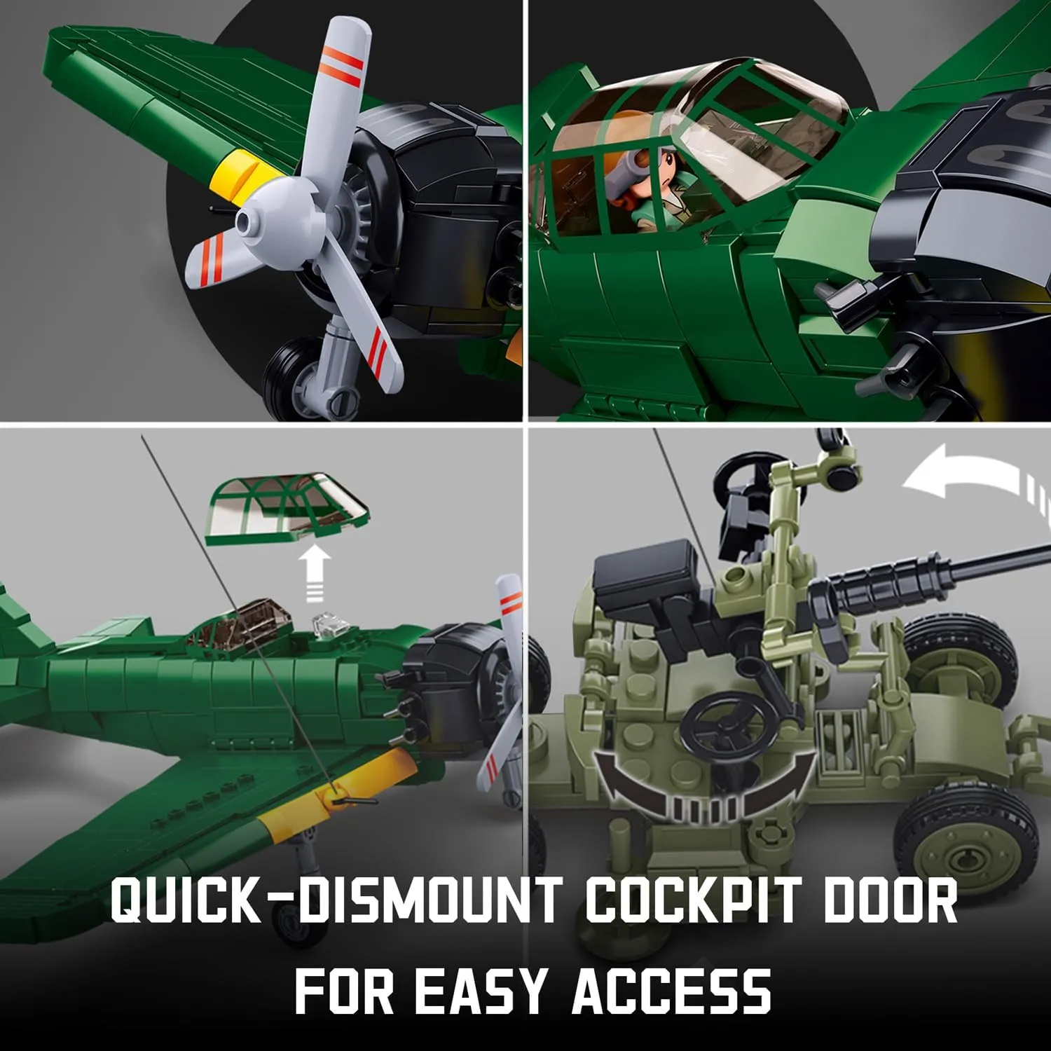 Battle Brick WW2 A6M Fighter Aircraft - 560 PCS Building Block Army Toys with 2 Toy Soldiers and Anti-Aircraft Gun - Ideal for Kids and Adults