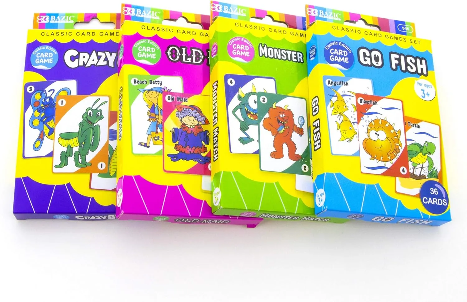 BAZIC Assorted Card Games, Number Picture Board Game Set, Go Fish, Monster Match, Old Maid, Crazy 8's (36/Pack), 72-Packs