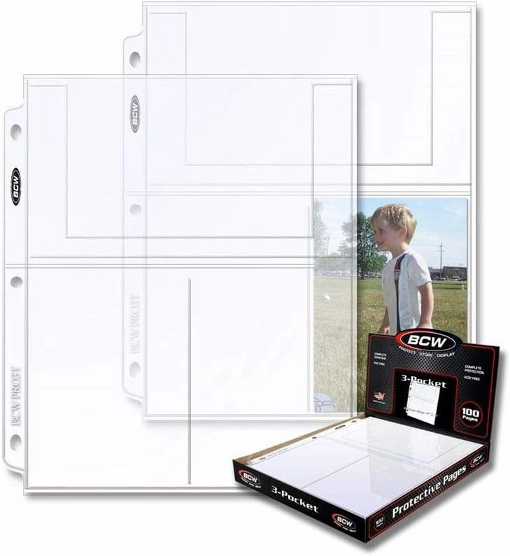 BCW Pro 3-Pocket Photo Sleeves (100 Pack) | 4"x6" Acid-Free, Archival Pages for Binders | Clear, PVC-Free Protection for Photos & Cards