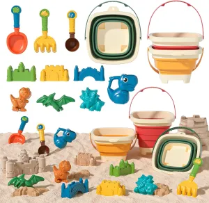 Beach Toys Set for Kids, with 3 Pack Collapsible Sand Bucket Shovels Set & Dinosaur Castle Sand Mold Sets, Summer Toy Playset Travel Toys Seaside Sand Toy for Toddlers Kids Age 3 4 5 6