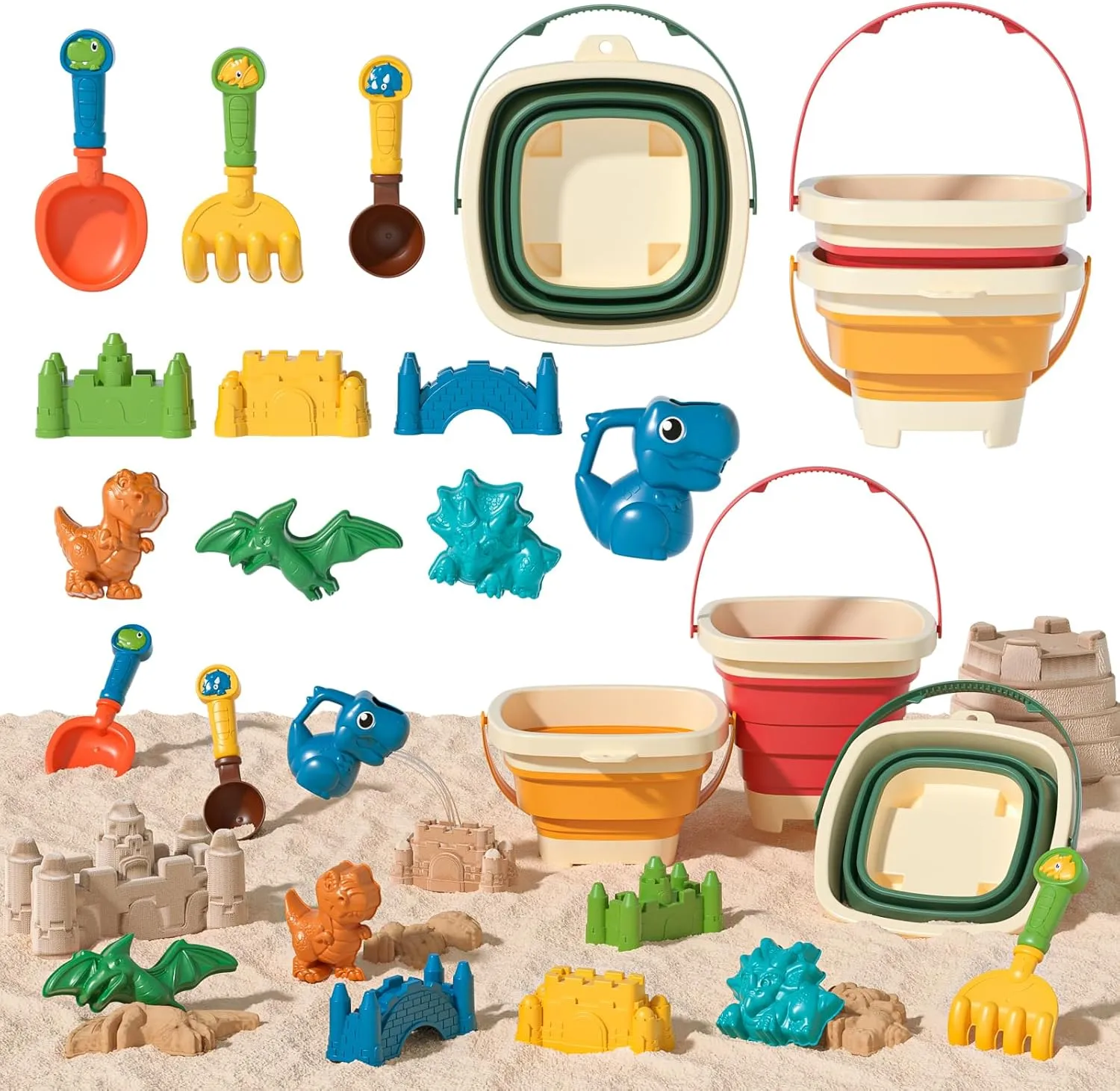 Beach Toys Set for Kids, with 3 Pack Collapsible Sand Bucket Shovels Set & Dinosaur Castle Sand Mold Sets, Summer Toy Playset Travel Toys Seaside Sand Toy for Toddlers Kids Age 3 4 5 6