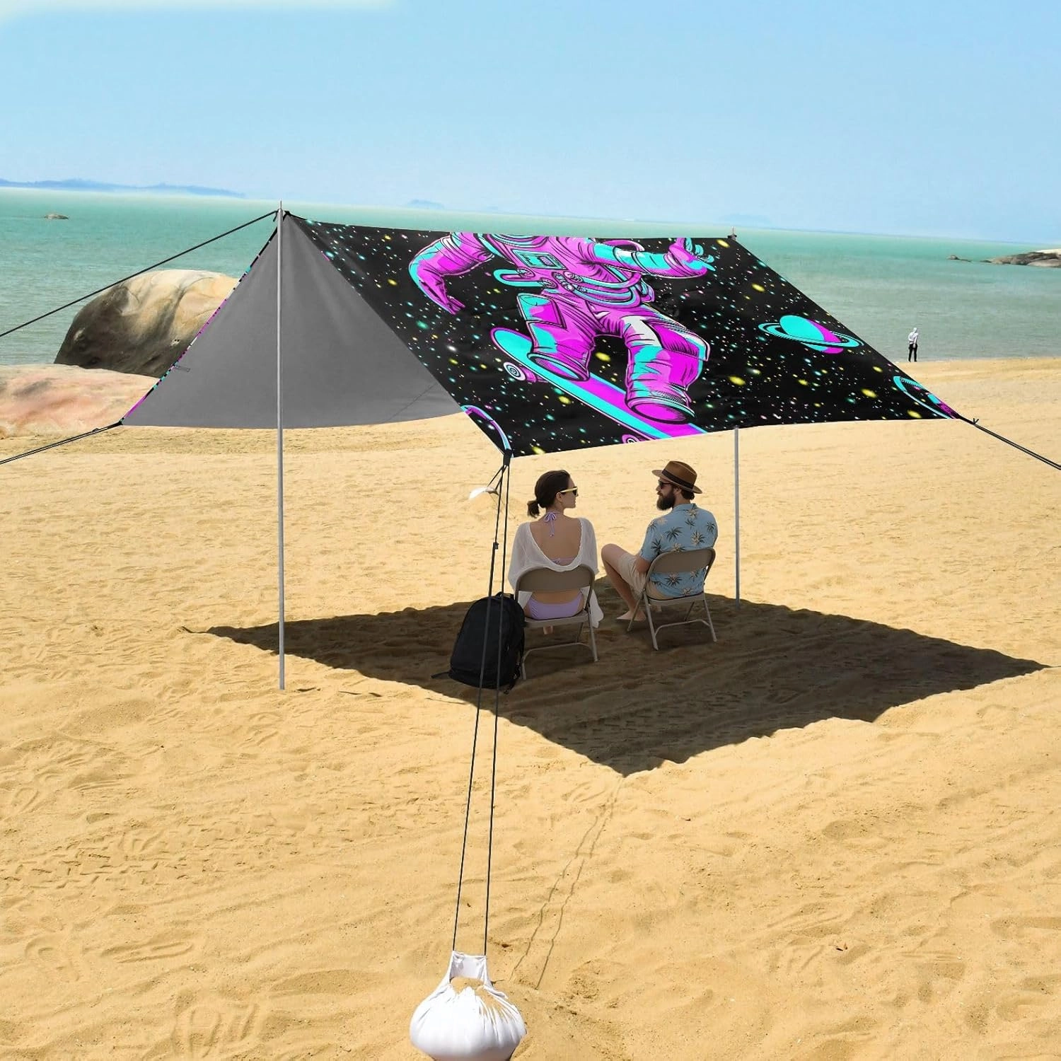 Beach Tent Canopy 9.2 × 10.5 FT Sun Shade Outdoor Patio Astronaut Space Dark Black Aesthetic Camping Sun Shelter Canopies with Sand Anchor Poles