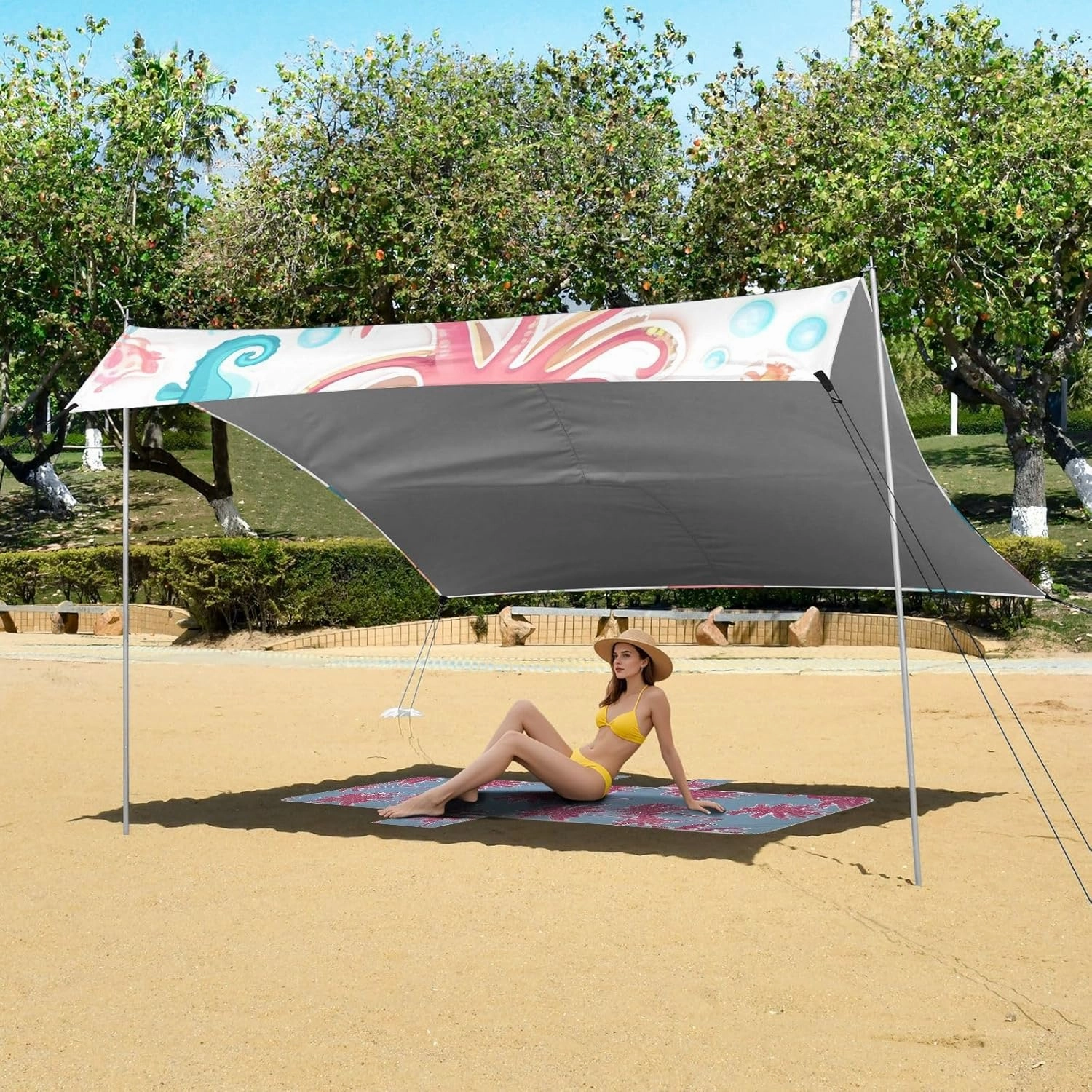 Beach Tent Canopy Patio Sun Shade Outdoor 9.2 × 10.5 FT Family Camping Sun Shelter Custom Cute Colorful Sea Creatures Waterproof with Sand Anchor Poles