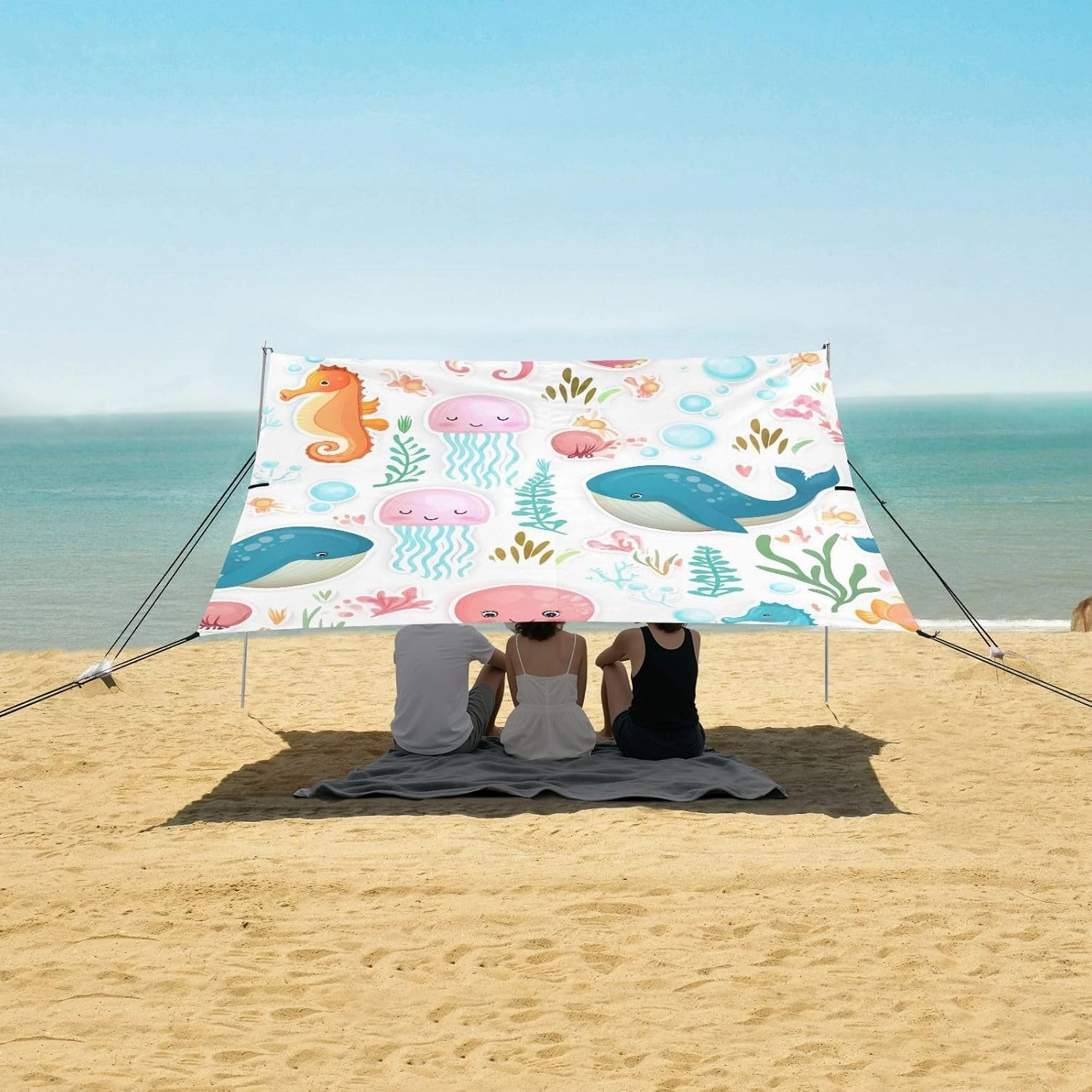 Beach Tent Canopy Patio Sun Shade Outdoor 9.2 × 10.5 FT Family Camping Sun Shelter Custom Cute Colorful Sea Creatures Waterproof with Sand Anchor Poles