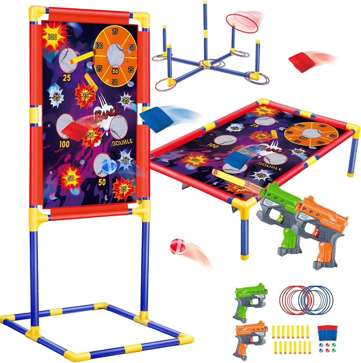Bean Bag Toss & Shooting & Ring Toss Games Set for Kids – 3-in-1 Carnival Outdoor Cornhole Game Set with Shooting Blasters, Garden Indoor Outdoor Toys for Boys Girs Ages 5 6 7 8 9 10  Gift