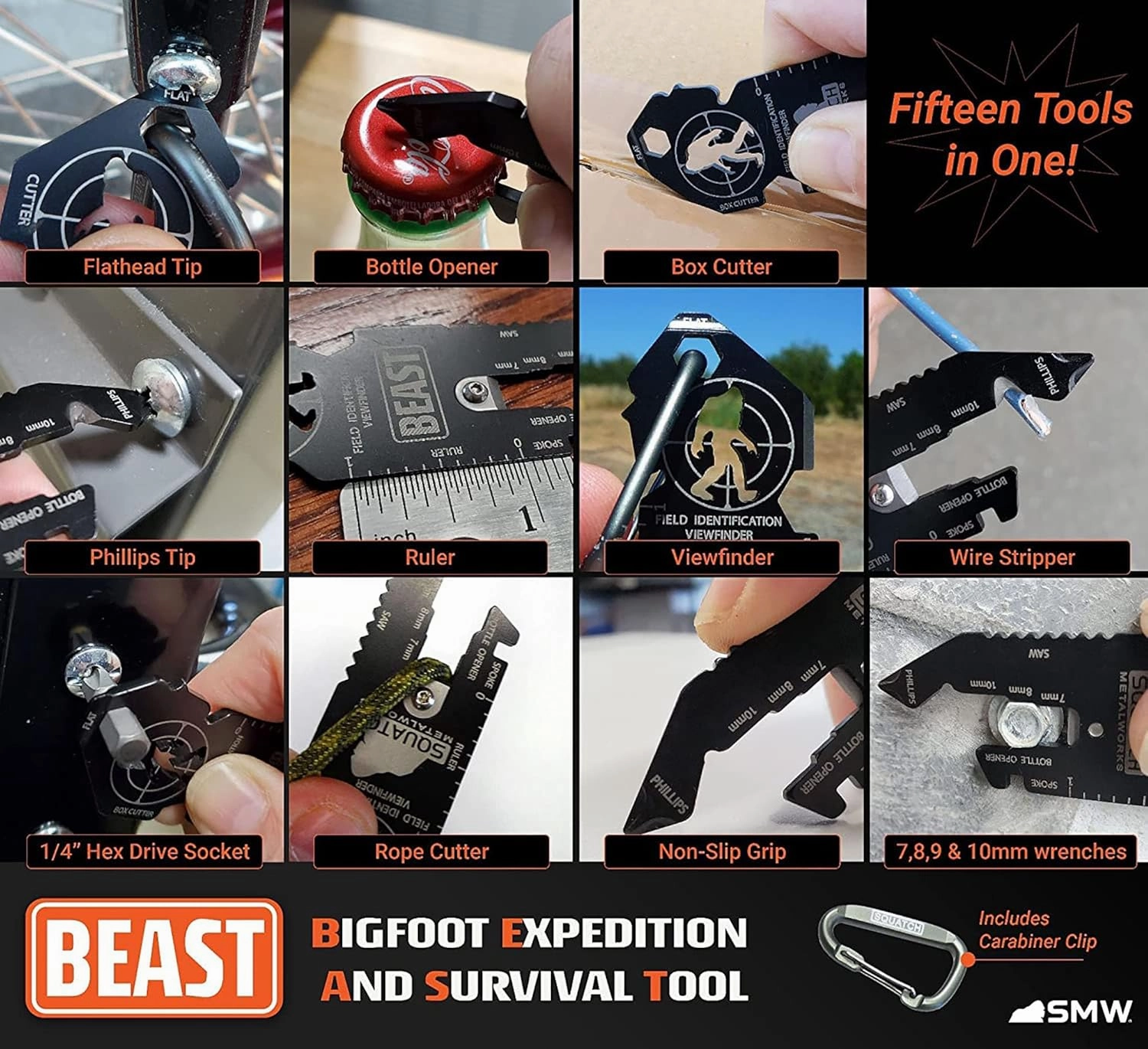 BEAST & BRUTE Combo Pack - Multi-Tool & Bottle Opener, Bigfoot gift for fans of Sasquatch, Yeti, Camping, Hiking - With Screwdriver, Wrench, Carabiner, Box Opener, 1/4" Drive