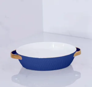Beatriz Ball Ceramic Small Oval Baker with Gold Handles-Blue