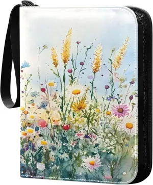Beautiful Wildflowers Card Binder 4 Pocket Collectible Trading Card Albums with 50 Sleeves Double Side PU Waterproof 3 Ring for Sports & Game Cards