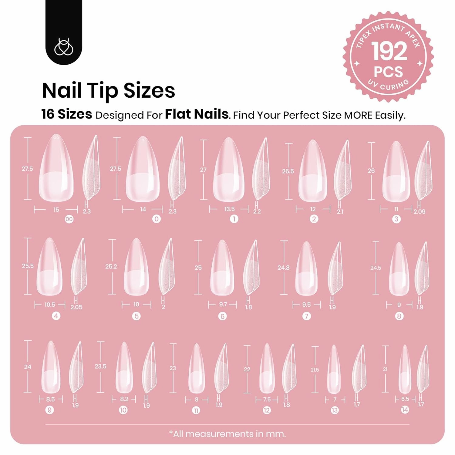 Beetles Tipex Instant Apex Nail Tips, 192Pcs Medium Stiletto Acrylic Nails Pre-Building Pre-Etched Thicker Gel Nail Tips - 16 Sizes Strong Full Cover for Women