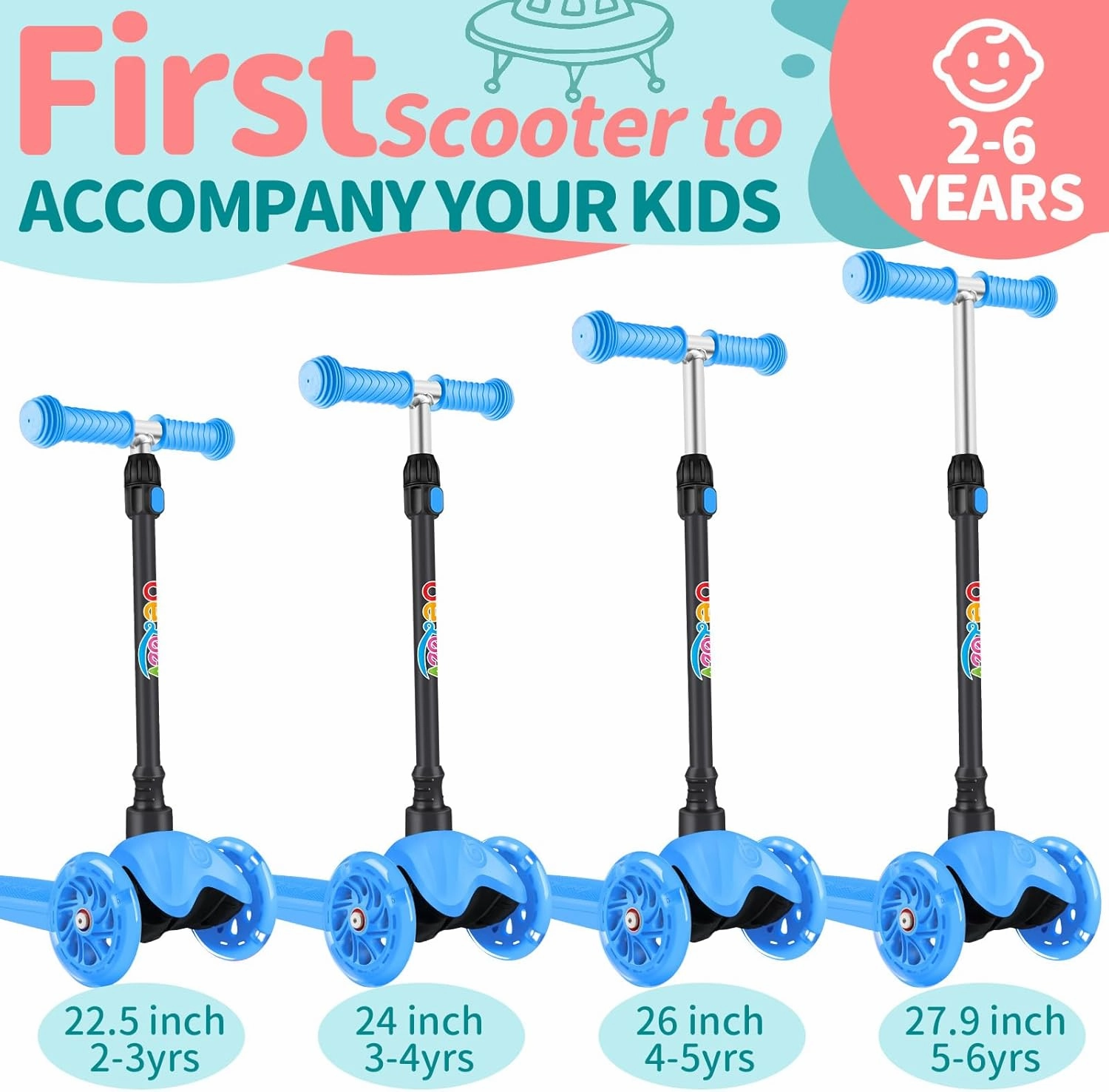 BELEEV A1 Scooter for Kids Ages 2-6, 3 Wheel Kick Scooter for Toddlers Girls Boys, Light up Wheels, Adjustable Height, Lean to Steer, Non-Slip Deck, Lightweight Push Scooter for Children