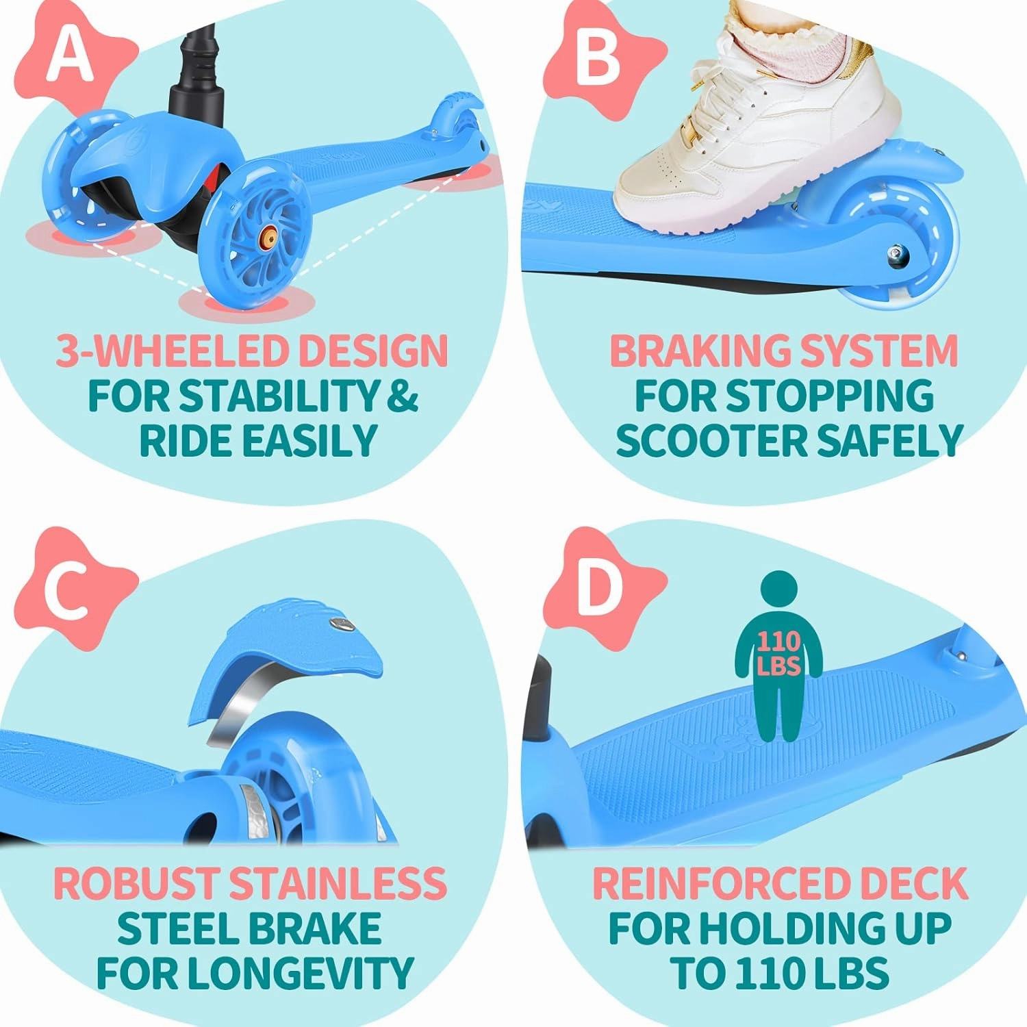 BELEEV A1 Scooter for Kids Ages 2-6, 3 Wheel Kick Scooter for Toddlers Girls Boys, Light up Wheels, Adjustable Height, Lean to Steer, Non-Slip Deck, Lightweight Push Scooter for Children