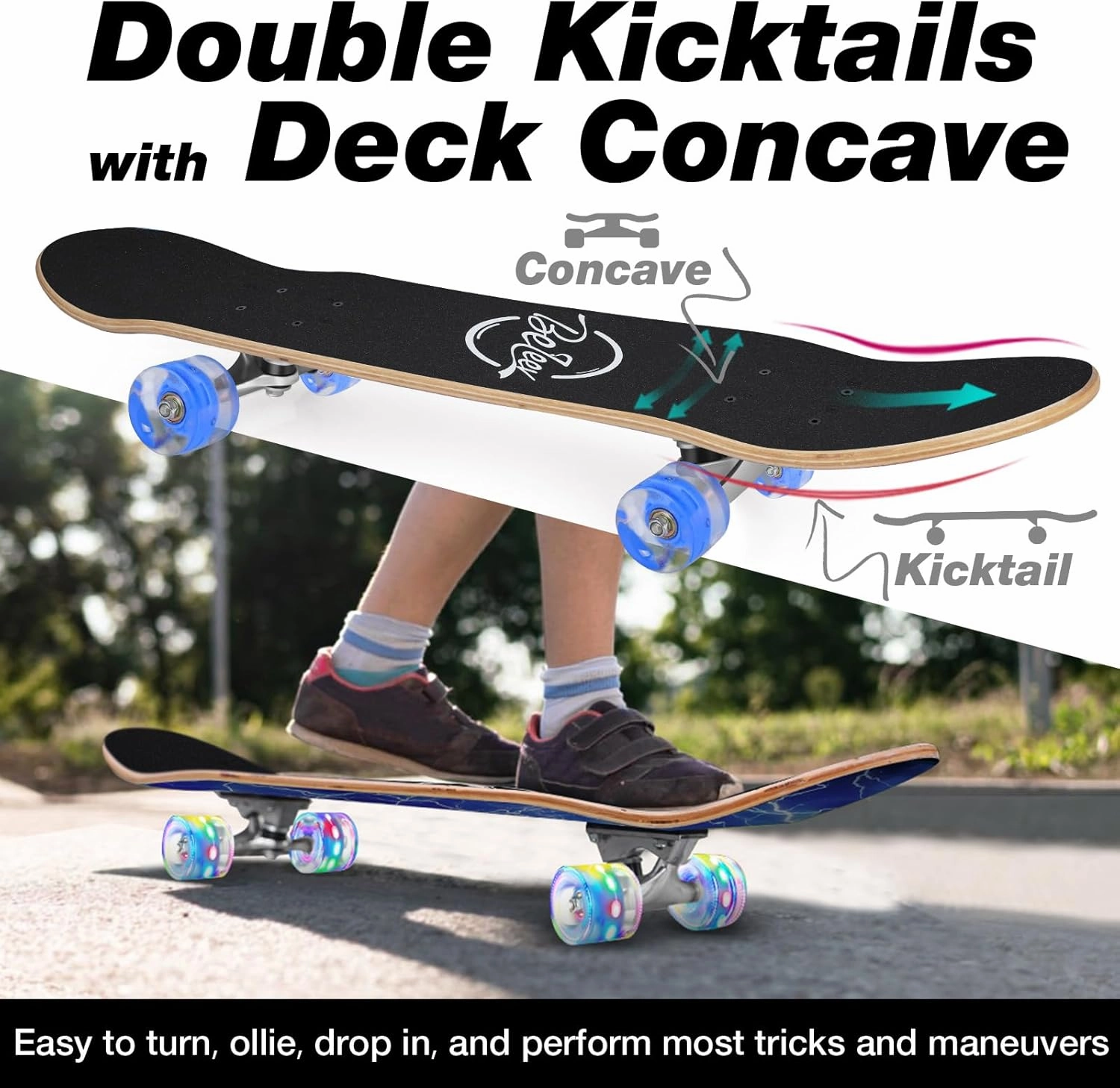 BELEEV Skateboards for Beginners, 31 x 8 inch Complete Skateboard for Kids Teens Adults, 7 Layer Canadian Maple Double Kick Deck Concave Cruiser Trick Skateboard with Multifunction Skate T-Tool