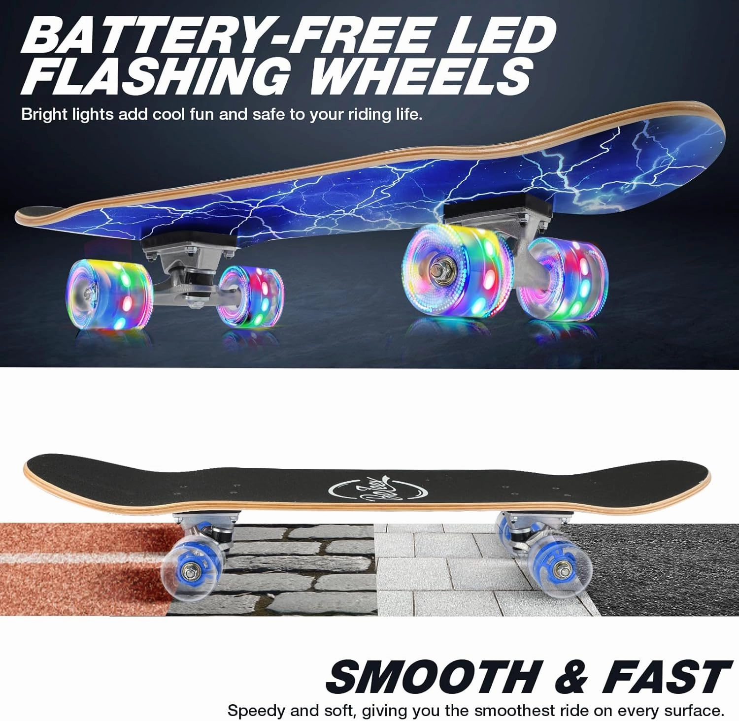 BELEEV Skateboards for Beginners, 31 x 8 inch Complete Skateboard for Kids Teens Adults, 7 Layer Canadian Maple Double Kick Deck Concave Cruiser Trick Skateboard with Multifunction Skate T-Tool