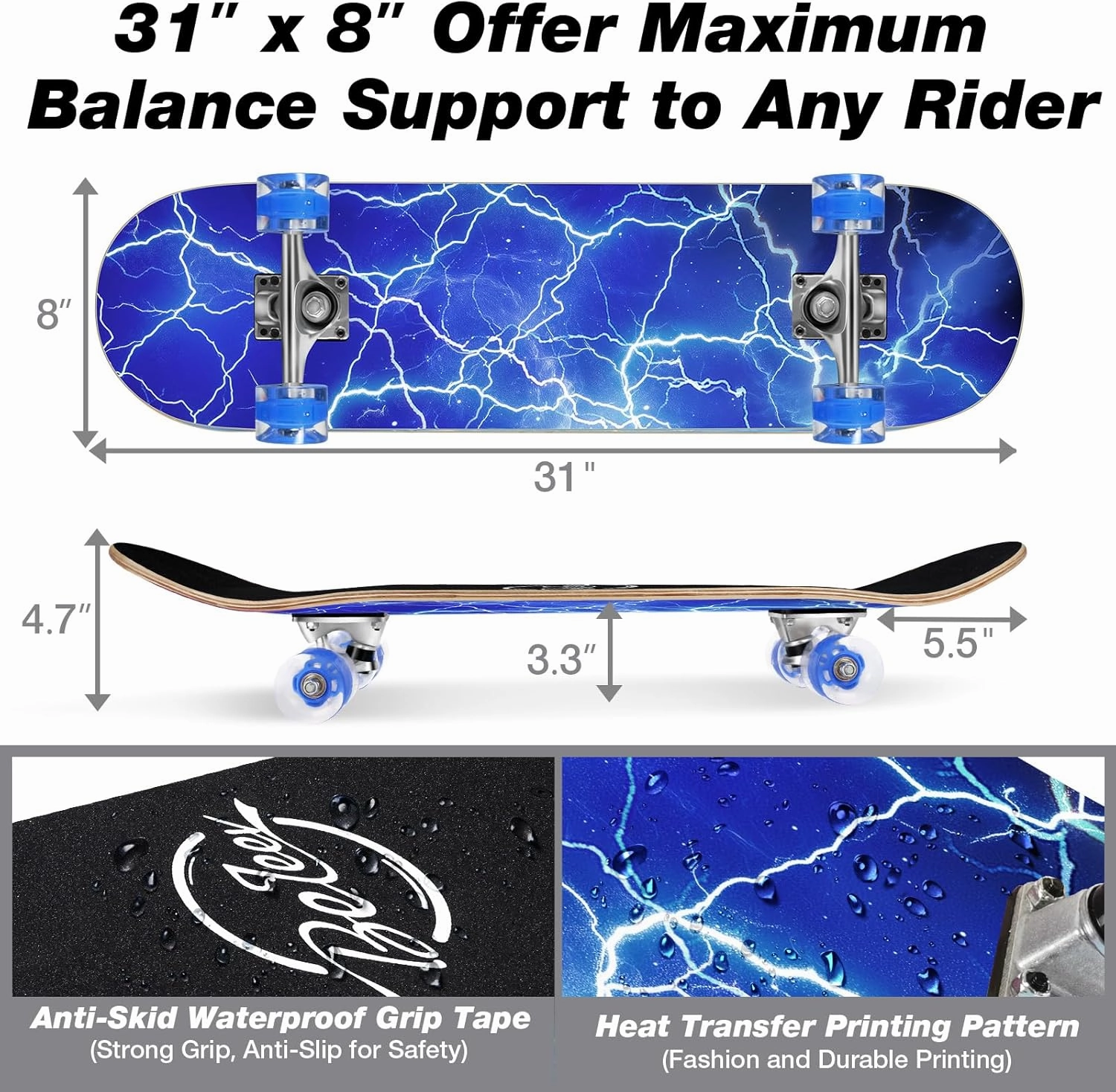 BELEEV Skateboards for Beginners, 31 x 8 inch Complete Skateboard for Kids Teens Adults, 7 Layer Canadian Maple Double Kick Deck Concave Cruiser Trick Skateboard with Multifunction Skate T-Tool