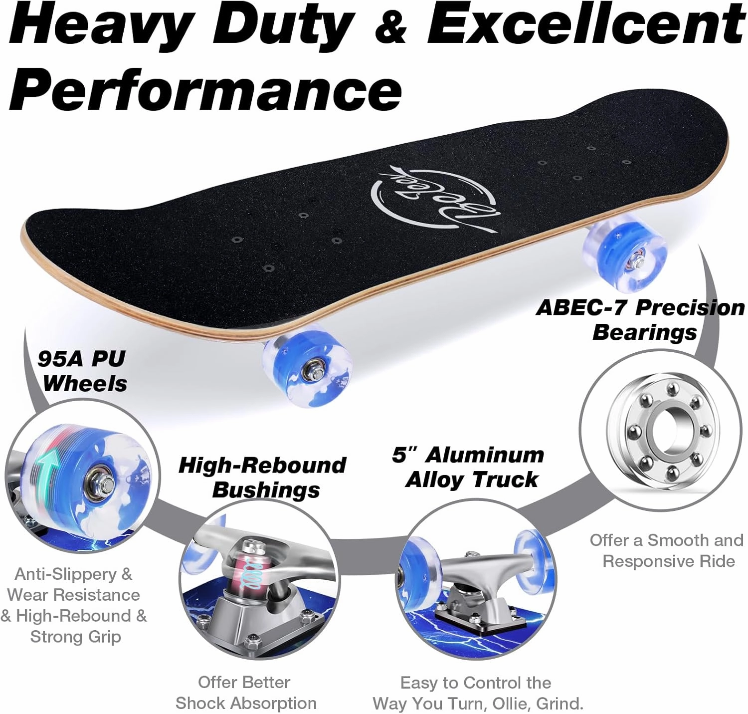BELEEV Skateboards for Beginners, 31 x 8 inch Complete Skateboard for Kids Teens Adults, 7 Layer Canadian Maple Double Kick Deck Concave Cruiser Trick Skateboard with Multifunction Skate T-Tool