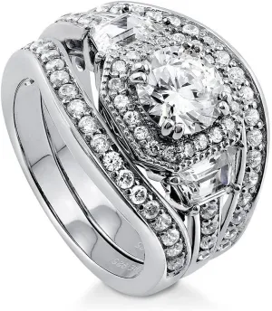 BERRICLE Sterling Silver Halo Wedding Engagement Rings Round Cut Cubic Zirconia CZ Vintage Inspired Art Deco Ring Set for Women, Rhodium Plated Size 4-10