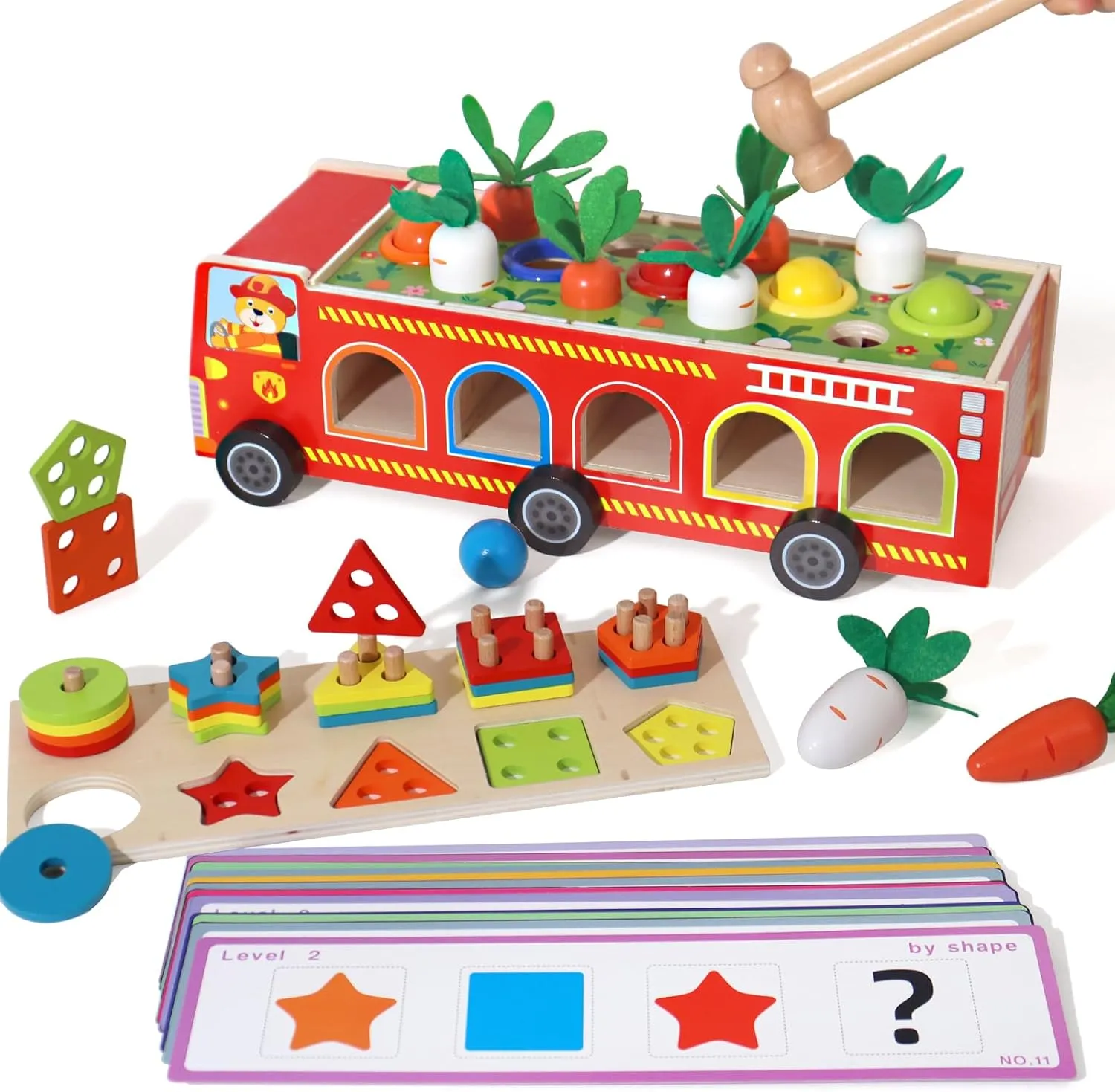 BESTAMTOY 4-in-1 Educational Toys Set for Toddlers and Preschoolers, Wooden Fire Truck Shape Blocks, Stacking Fruits and Veggies, Percussion Toys, Shape Awareness Cards