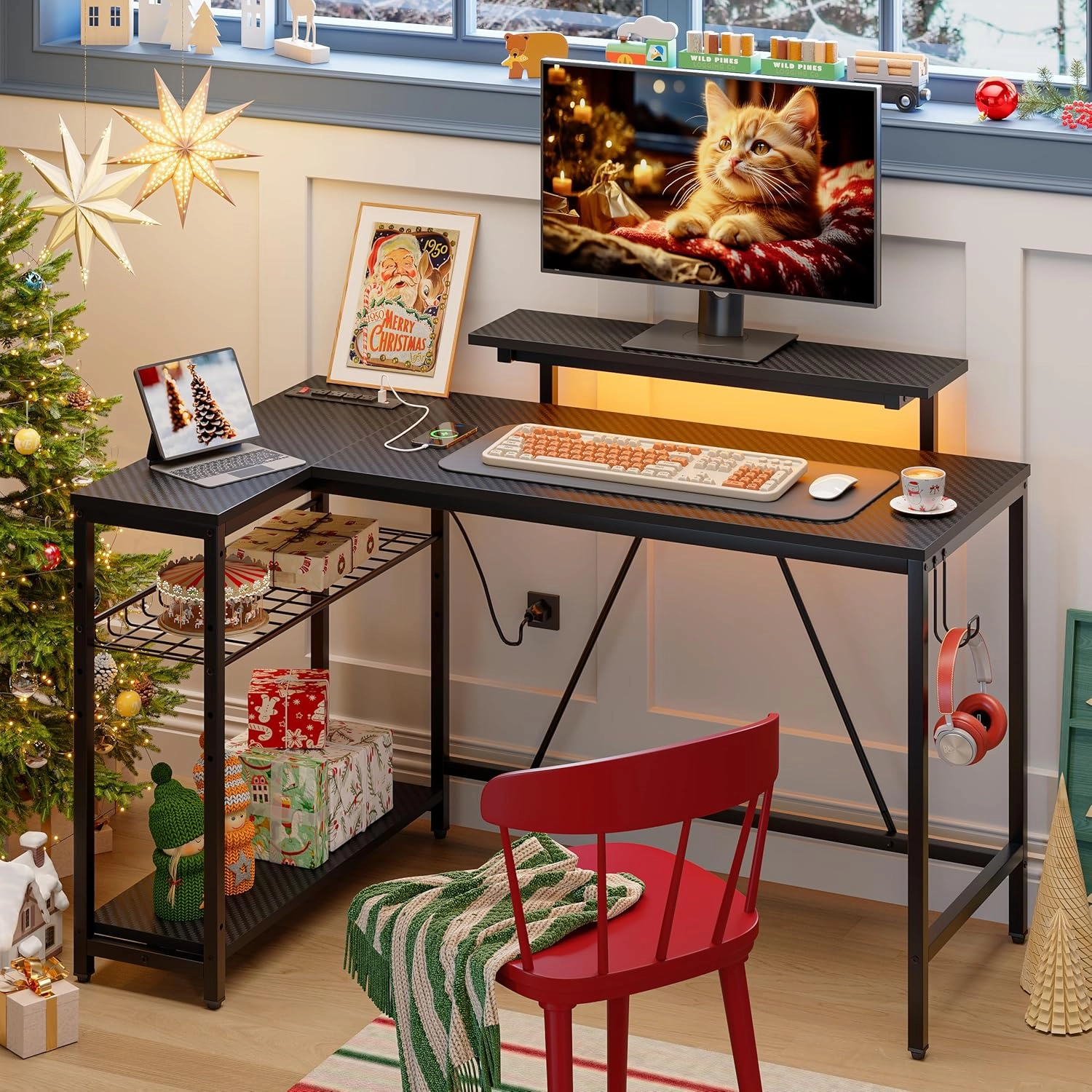Bestier 52" Gaming Desk with Integrated Power Outlet & USB Ports, L-Shaped Computer Desk with LED Strip & Headphone Hooks, Perfect for Home Office Pink,Carbon Fiber Black