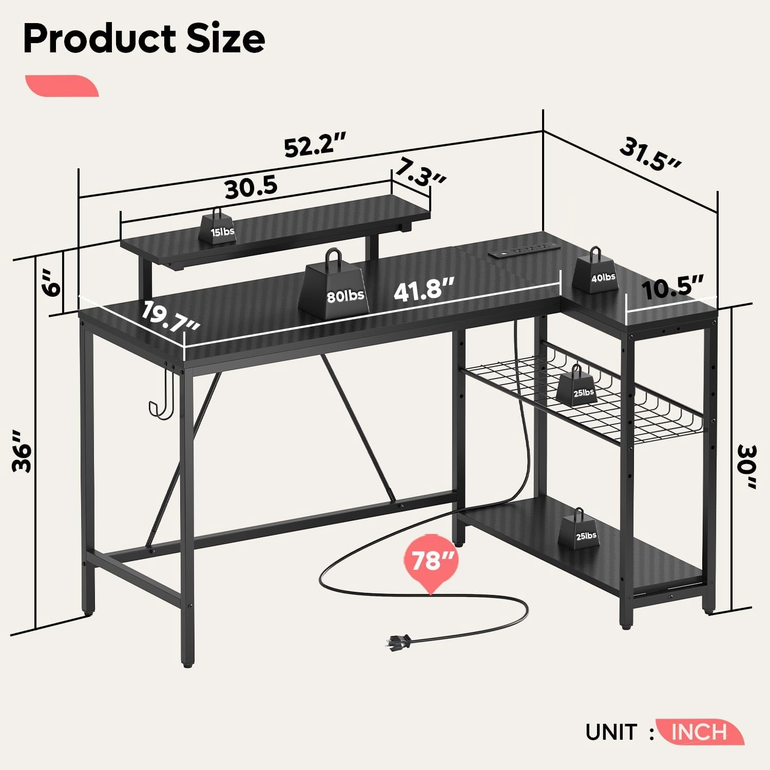 Bestier 52" Gaming Desk with Integrated Power Outlet & USB Ports, L-Shaped Computer Desk with LED Strip & Headphone Hooks, Perfect for Home Office Pink,Carbon Fiber Black