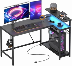 Bestier 52" Gaming Desk with Integrated Power Outlet & USB Ports, L-Shaped Computer Desk with LED Strip & Headphone Hooks, Perfect for Home Office Pink,Carbon Fiber Black