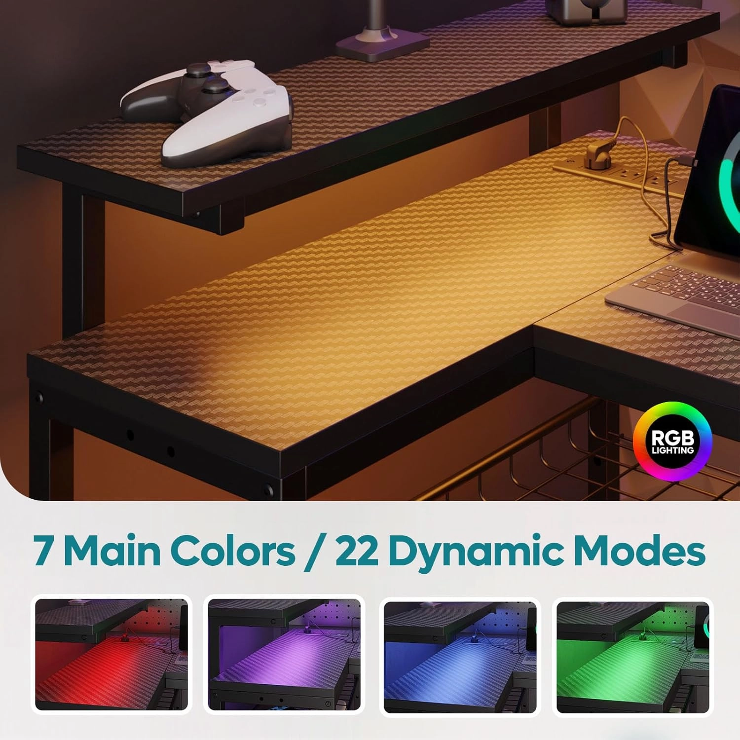 Bestier 52" Gaming Desk with Integrated Power Outlet & USB Ports, L-Shaped Computer Desk with LED Strip & Headphone Hooks, Perfect for Home Office Pink,Carbon Fiber Black
