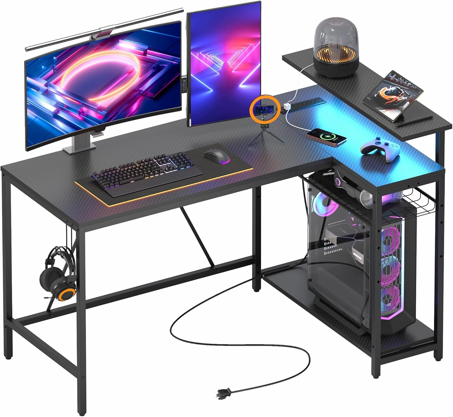 Bestier 52" Gaming Desk with Integrated Power Outlet & USB Ports, L-Shaped Computer Desk with LED Strip & Headphone Hooks, Perfect for Home Office Pink,Carbon Fiber Black