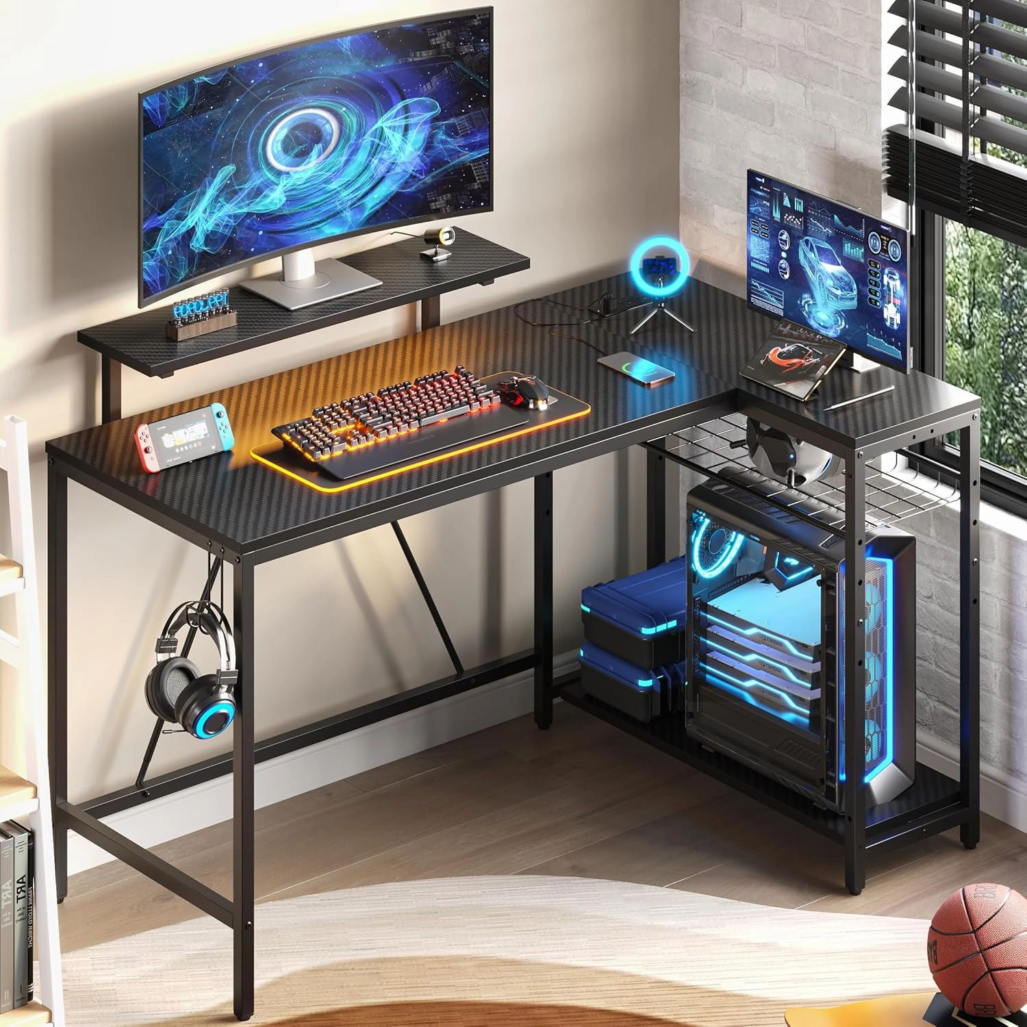 Bestier 52" Gaming Desk with Integrated Power Outlet & USB Ports, L-Shaped Computer Desk with LED Strip & Headphone Hooks, Perfect for Home Office Pink,Carbon Fiber Black