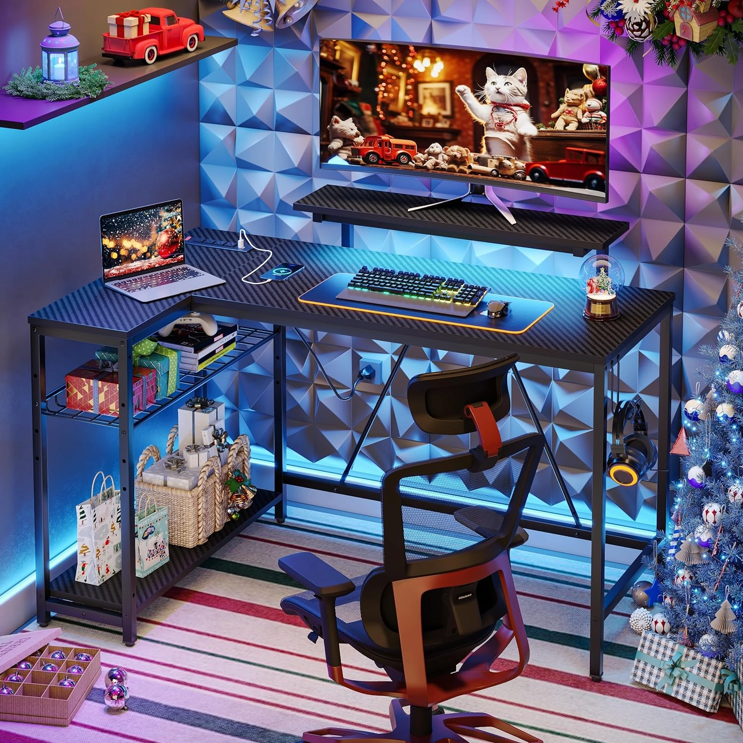 Bestier 52" Gaming Desk with Integrated Power Outlet & USB Ports, L-Shaped Computer Desk with LED Strip & Headphone Hooks, Perfect for Home Office Pink,Carbon Fiber Black