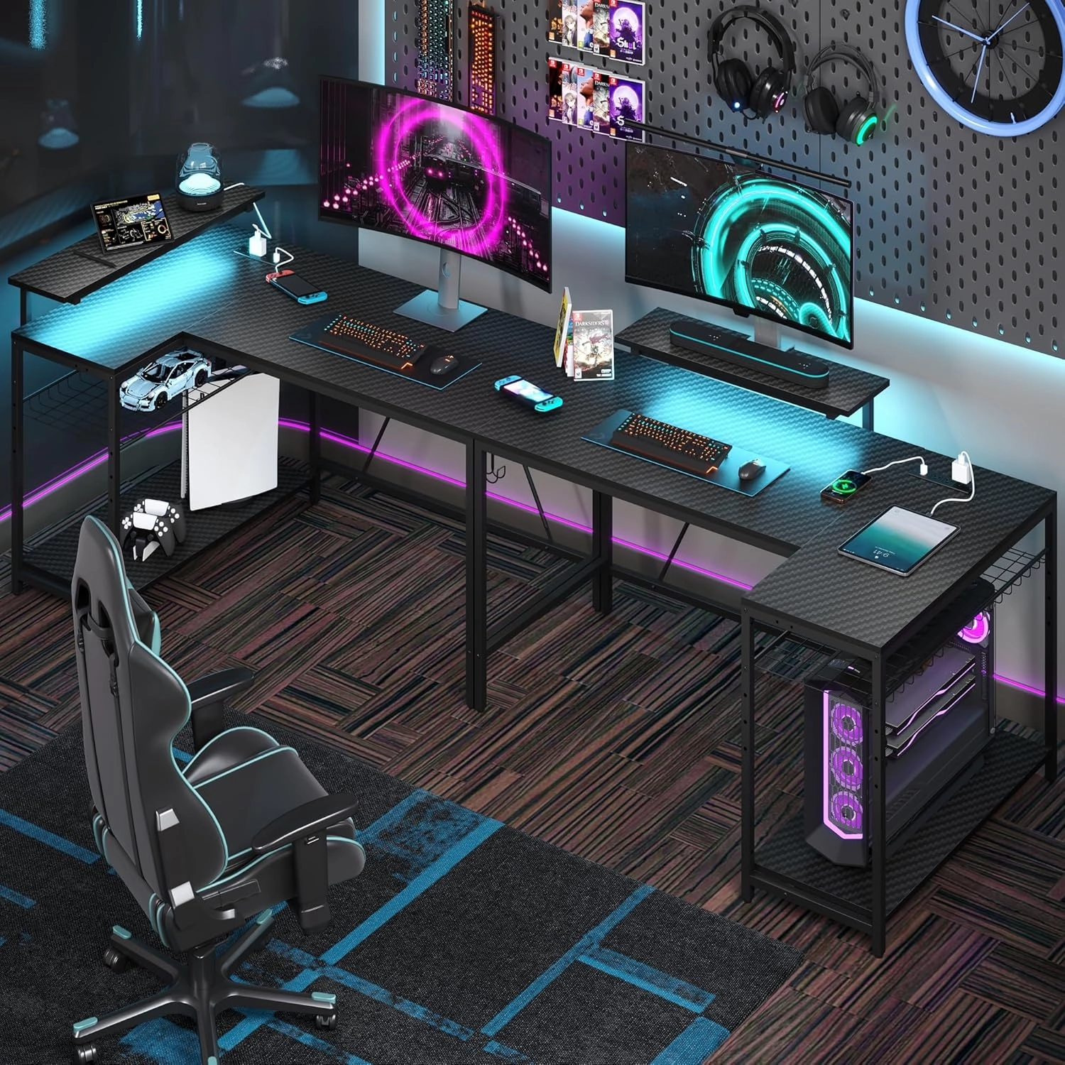 Bestier 52" Gaming Desk with Integrated Power Outlet & USB Ports, L-Shaped Computer Desk with LED Strip & Headphone Hooks, Perfect for Home Office Pink,Carbon Fiber Black