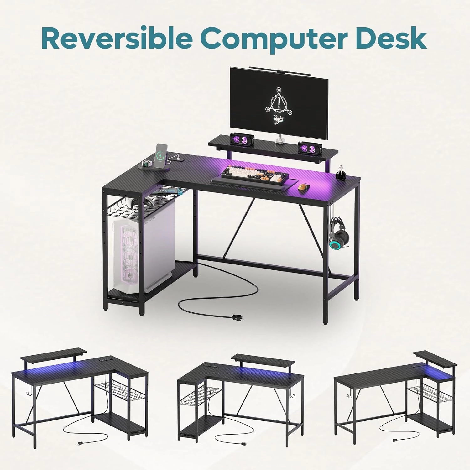 Bestier 52" Gaming Desk with Integrated Power Outlet & USB Ports, L-Shaped Computer Desk with LED Strip & Headphone Hooks, Perfect for Home Office Pink,Carbon Fiber Black